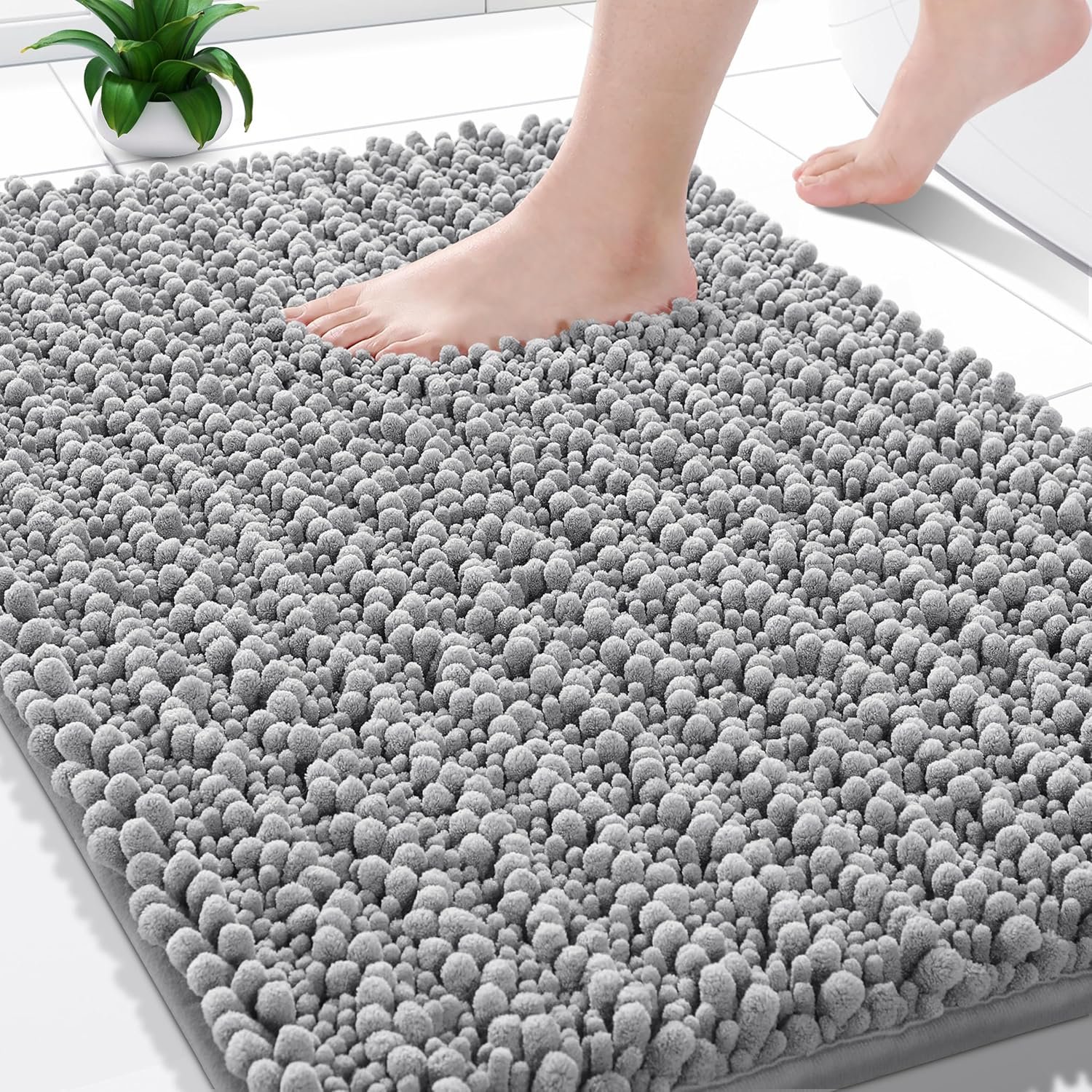 Yimobra Bathroom Rugs Non Slip Washable – Ultra Soft Absorbent Chenille Bath Mat, Quick Dry Shaggy Floor Carpet for Tub Shower, Gray Home Decor Accessories, 24×17 Inch