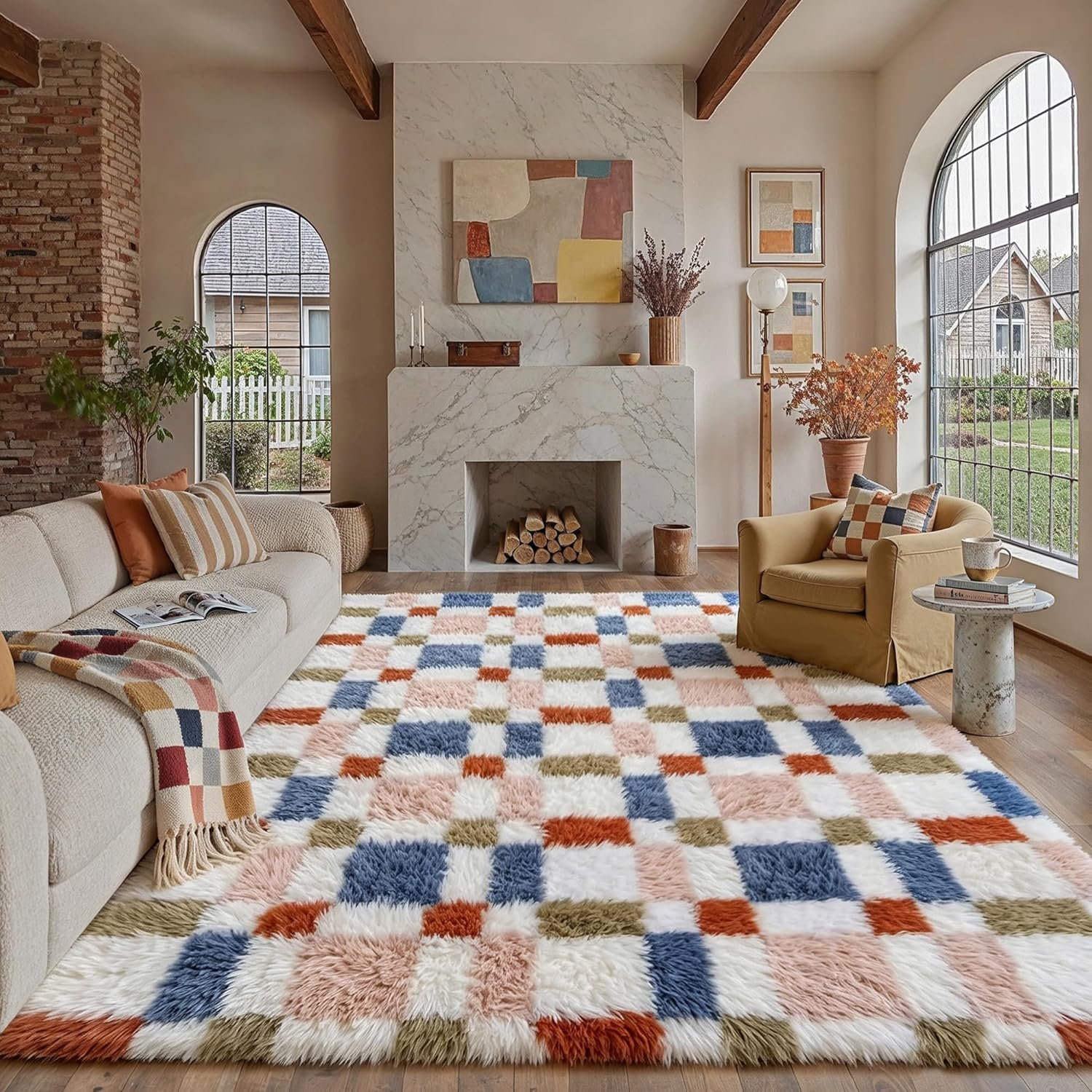 HUGEAR 8×10 Checkered Rug Coloful Living Room Modern Shag Rug Super Soft Washable Indoor Fuzzy Carpet Fluffy Vacuumable Rainbow Area Rugs for Bedroom Home Decor Non Slip