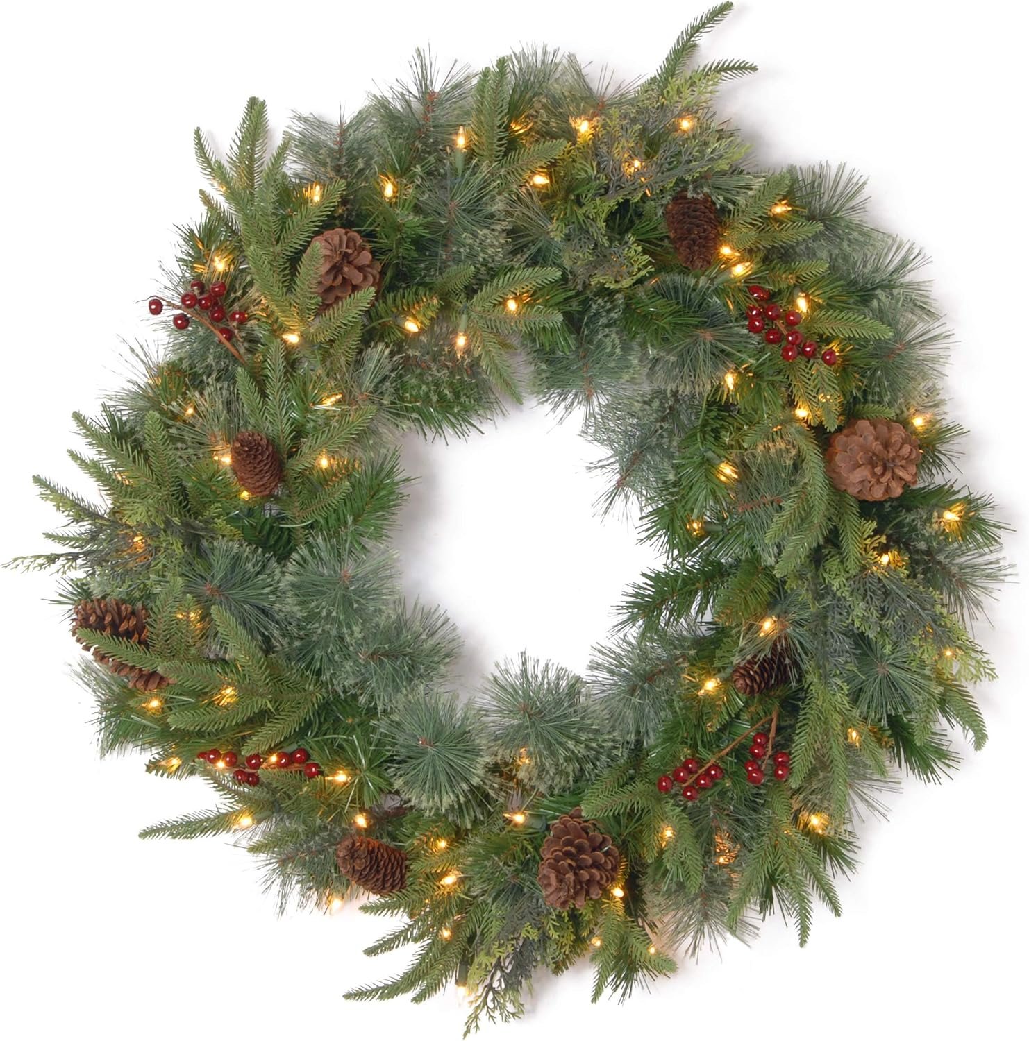 National Tree Company 24 in Pre-Lit Colonial Fir Artificial Christmas Wreath, Christmas Decoration with Red Berries, Pinecones, 50 LED Lights, 175 Tips, 10 Light Functions, Timer, Green