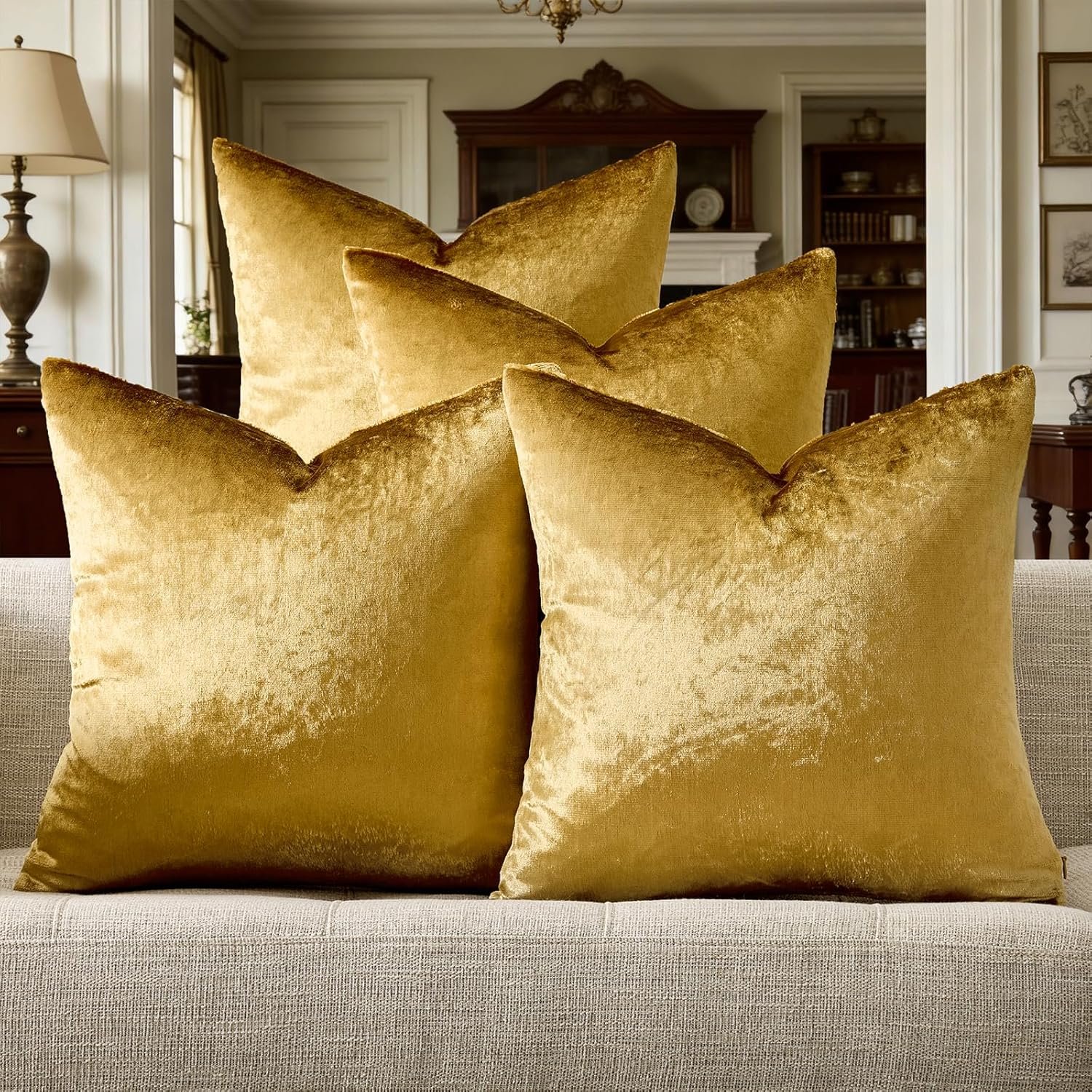 GIGIZAZA Velvet Gold Pillow Covers 18×18，Pack of 4 Decorative Throw Pillow Soft Covers Square Couch Pillow Modern Covers Living Room Luxury Cushion Covers