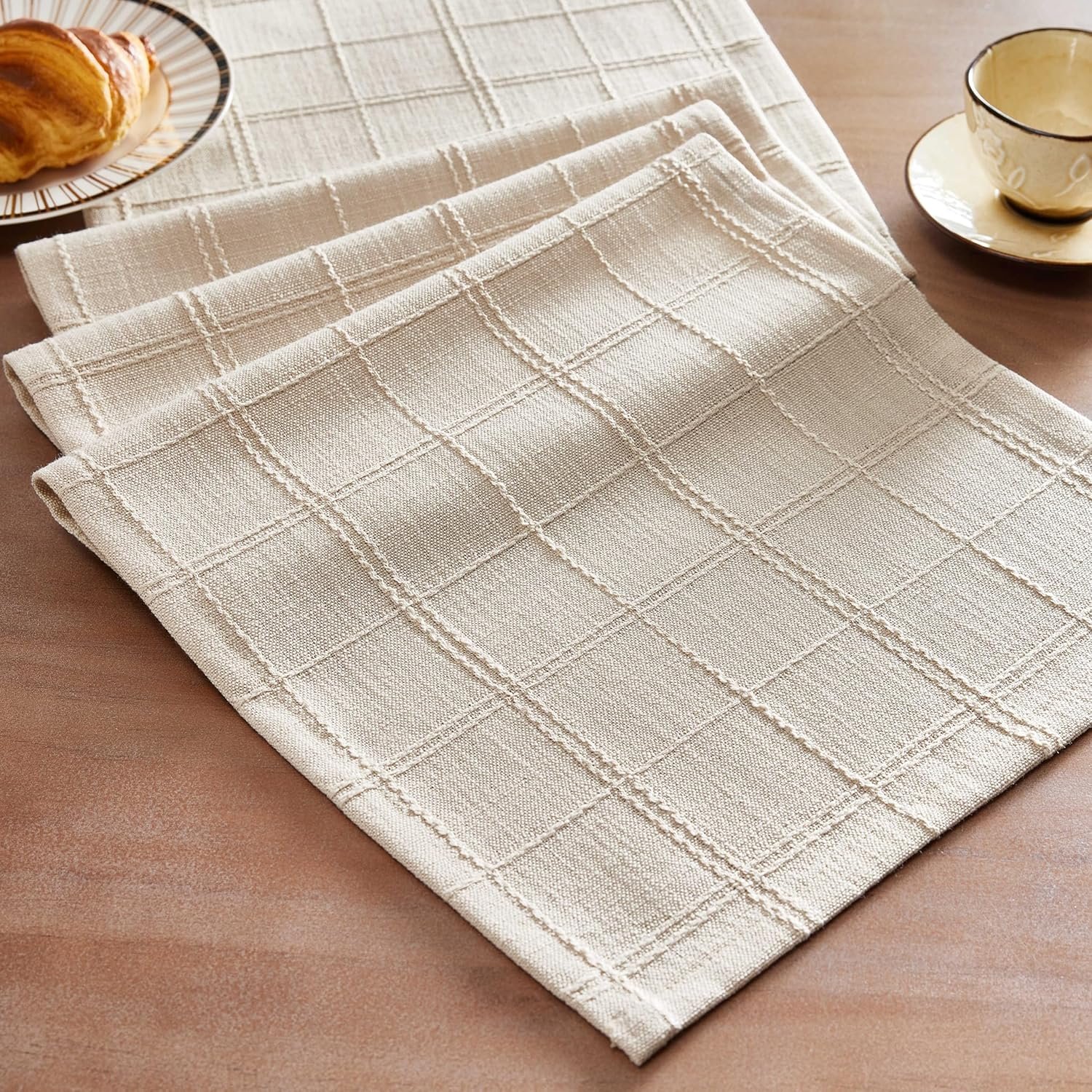 ZeeMart Linen Checked Table Runner, 13×72 Inches Beige, Textured Woven Farmhouse Table Runners 72 Inches Long, Neutral Plaid Dresser Scarf for Kitchen Dining Holiday Everyday Decor