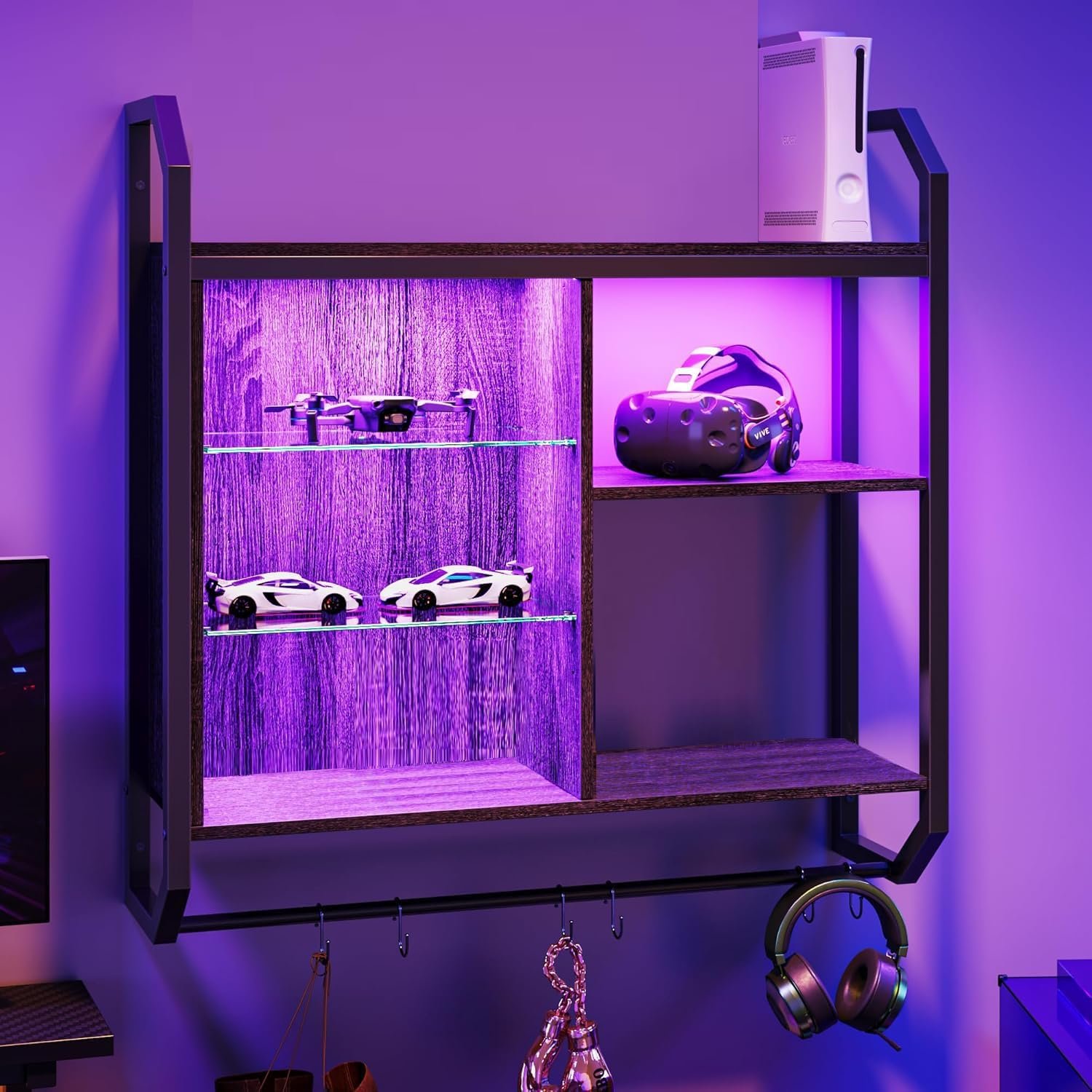 Bestier Gaming Floating Shelves, 34″ LED Wall Mounted Shelf with Adjustable Glass Shelf, Pipe Shelves Hanging Display Rack Bookshelf with 6 S-Hook, Gaming Room Decor Wine Coffee Bar Black