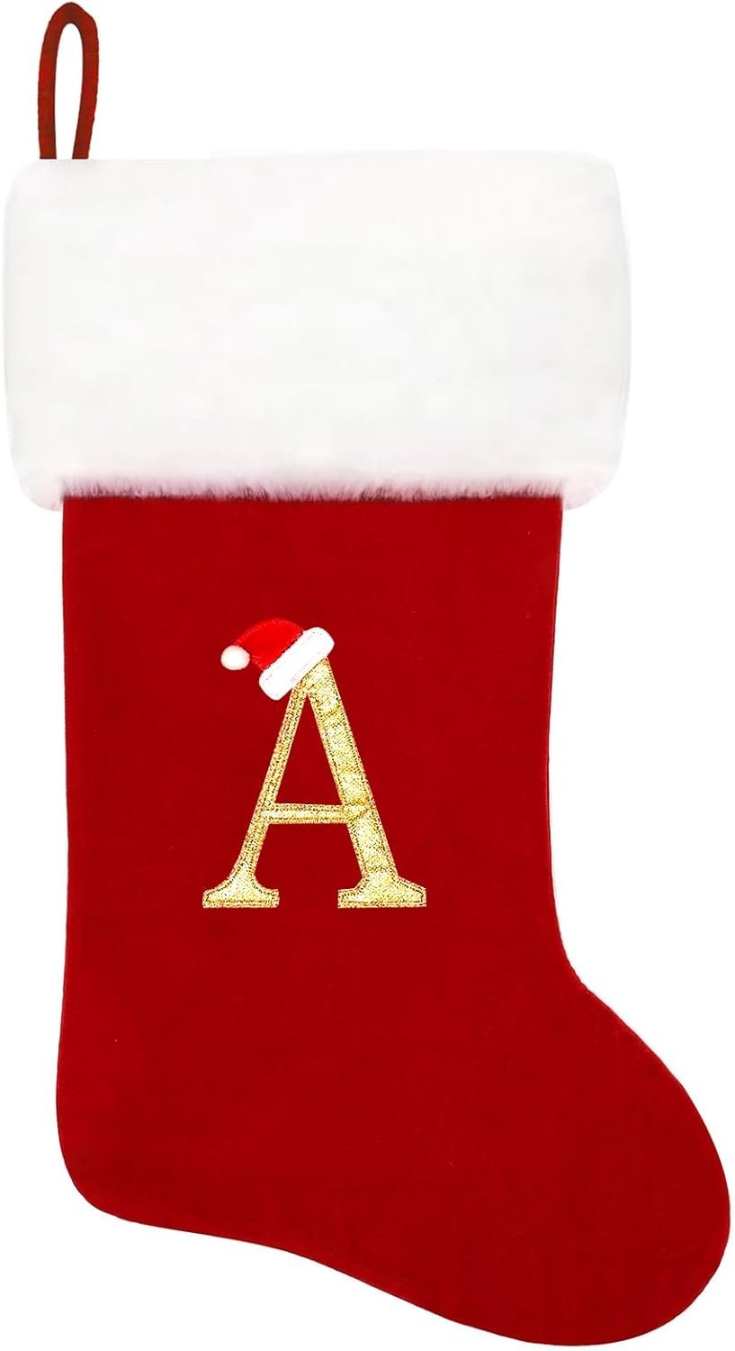 20 Inches Monogram Christmas Stockings Red Velvet with White Super Soft Plush Cuff Embroidered Xmas Stockings Classic Personalized Stocking Decorations for Family Holiday Season Decor(Letter A)