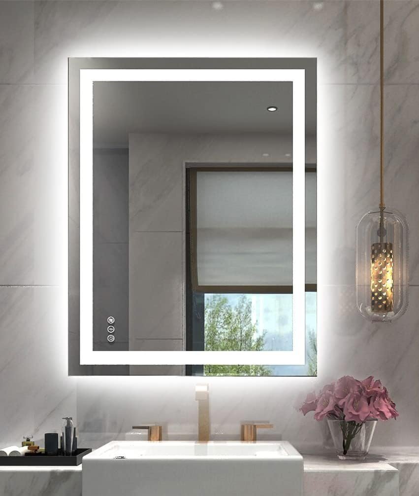 Amorho LED Bathroom Mirror 24″x 36″ with Front and Backlight, Stepless Dimmable Wall Mirrors with Anti-Fog, Shatter-Proof, Memory, 3 Colors, Double LED Vanity Mirror(Horizontal/Vertical)