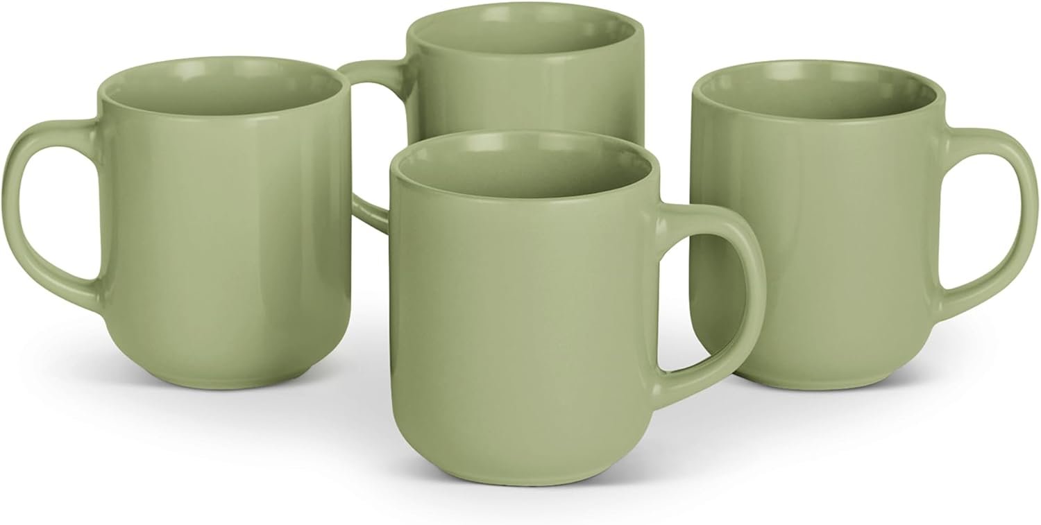Amazon Basics Glazed Stoneware Coffee and Tea Mugs, Ceramic 4-Piece Set, 16 oz, Microwave, Freezer and Dishwasher-Safe, Stain-Resistant, Olive