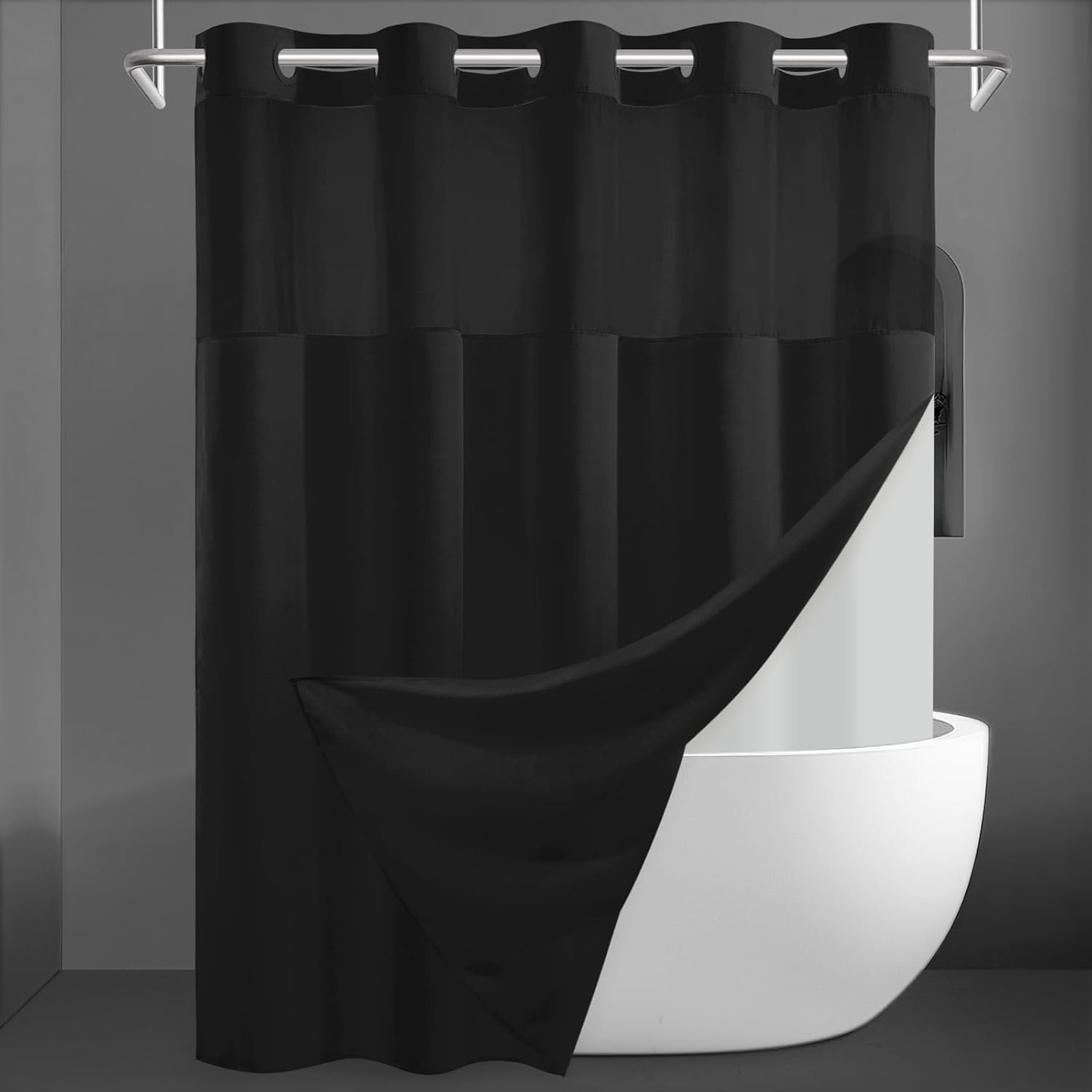SORTTO No Hook Slub Textured Shower Curtain with Snap in Liner – Black Fabric Outer Curtain & Waterproof Inner Liner, Hotel Style with See Through Top Window, 71×74 in