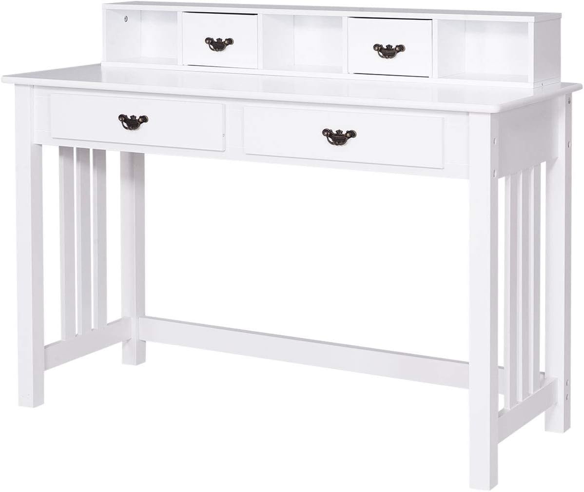 Giantex Writing Desk with 4 Drawer Computer Study Table Removable Floating Organizer 2-Tier Spacious Workstation, Home Office Desk Console Table White Vanity Desk