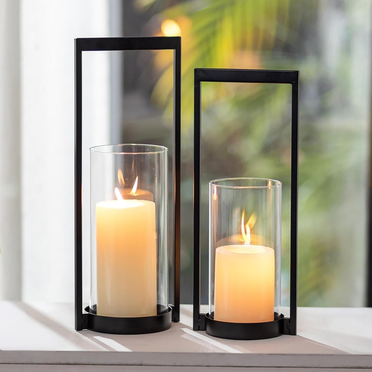 Sziqiqi Hurricane Candle Holder for Pillar: Black Modern Candle Holders for Table Centerpiece – Geometric Candle Stand Set of 2 with Glass for Living Room Fireplace Christmas Decor