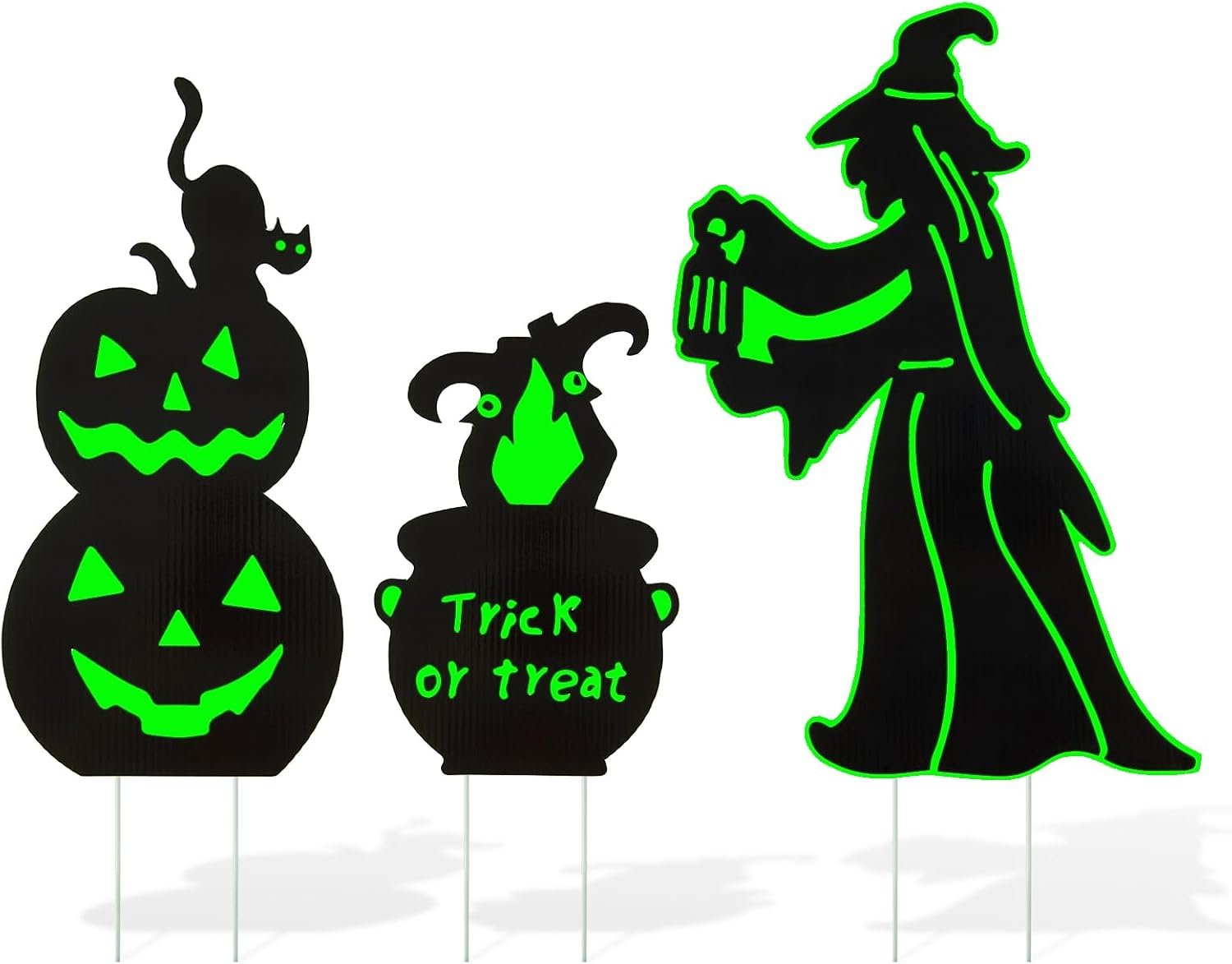 Halloween Outdoor Yard Decorations, 3 Pack Glow in The Dark Witch and Pumpkin Lawn Signs Waterproof Witch’s Cauldron Potions for Garden, Walkway, Patio, Porch Outside Decor