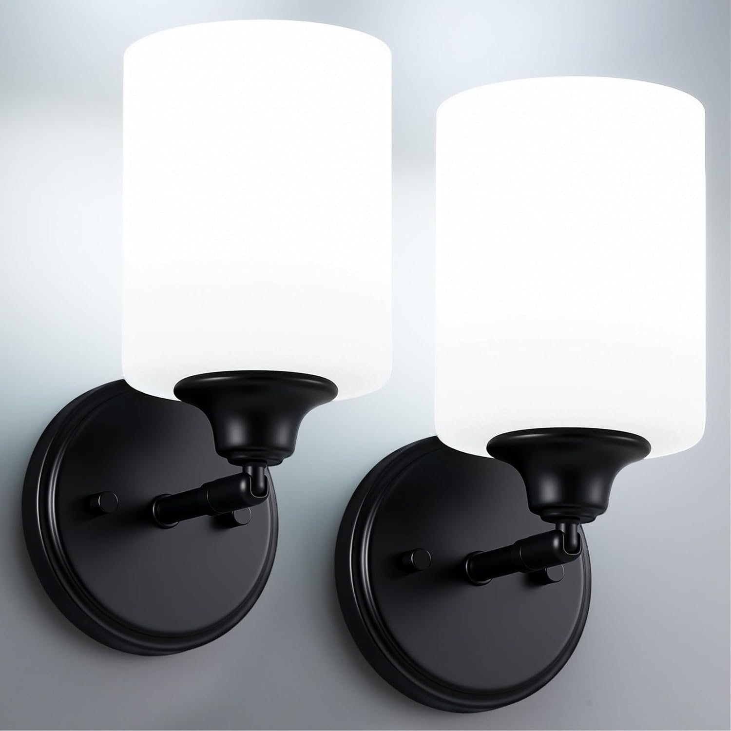 Wall Sconces Set of Two Bathroom Light Fixtures with Frosted Glass Shade, Modern Matte Black Wall Lights Vanity Lights, Sconces Wall Decor Set of 2 for Bathroom Bedroom Mirror (E26 Base)
