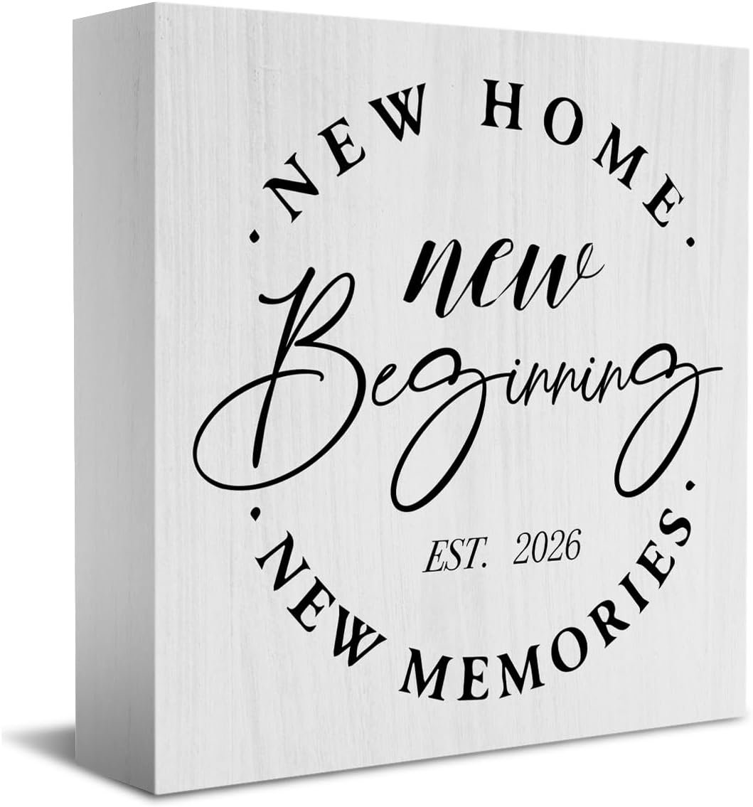Rustic 2026 New Home Housewarming Gifts Ideas for Women Men Friend Home Desk Shelf Decor – 5.1 x 5.1 Inches New Memories Shelf Table Decor Desk Accessories – White