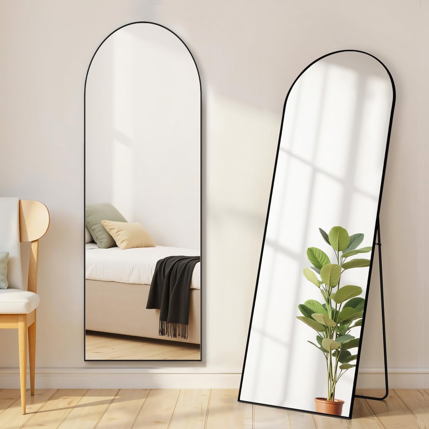 Arched Mirror Full Length, Upgraded 16″x59″ Body Wall Mirrors with Shatter-Proof Glass, Floor Standing, Hanging or Leaning, Tall Arch Mirror with Stand Aluminum Alloy Frame for Bedroom, Black