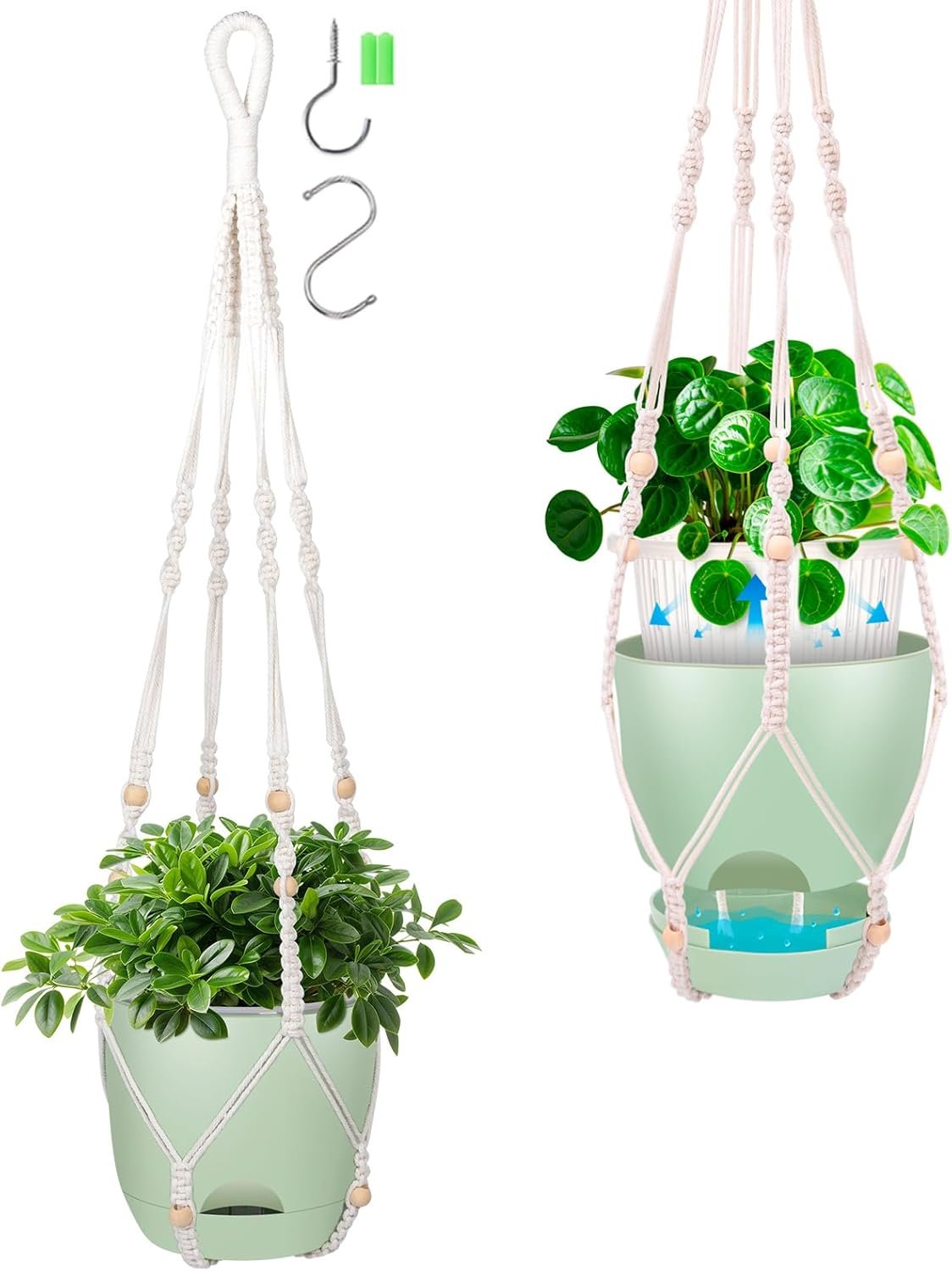 QCQHDU 2-Pack 5.7-Inch Macrame Self-Watering Hanging Planters, Pure Green | Small Plant Pots, Indoor & Outdoor, With Drainage, Two Sets of Hooks