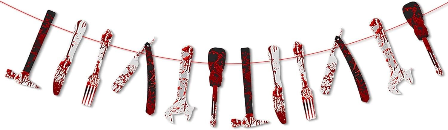 Halloween Bloody Tools Garland Banner, Scary Fake Tools with Fake Blood Banner Haunted House Decorations, Horror Theme Party Supplies Creepy Halloween Props for Indoor Outdoor Decor