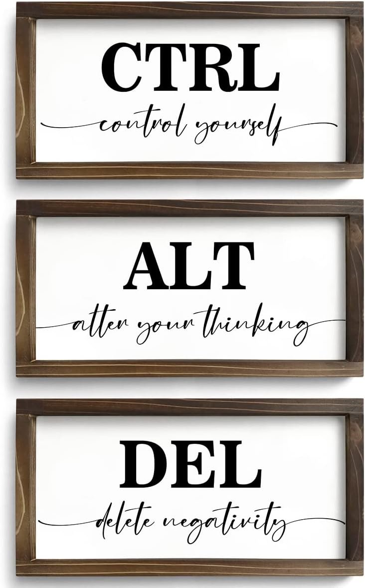 Pinetree Art Motivational Wall Decor for Office, Set of 3 Rustic Wooden Framed Signs, CTRL ALT DEL Inspirational Wall Art for Home Office, Classroom, Desk Wall, Positive Mindset Decor, (6″x12″x3)