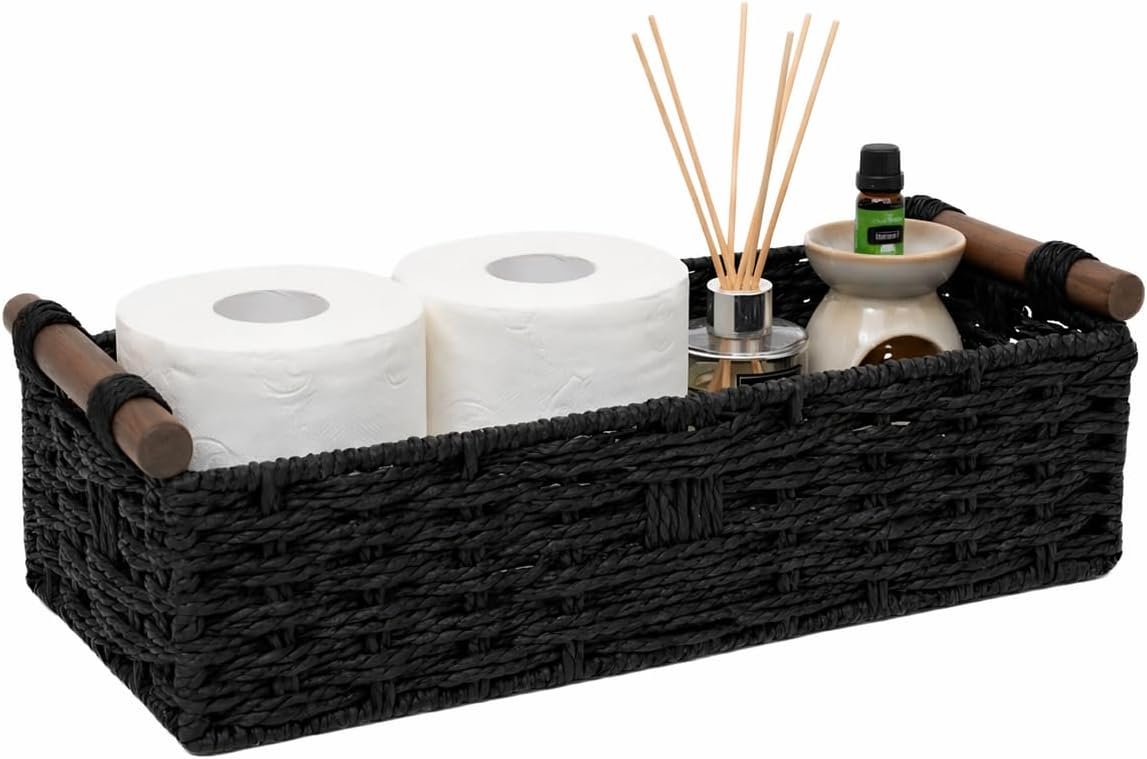 Black Woven Bathroom Basket with Wood Handles — Toilet Paper Storage Organizer for Back of Toilet, Paper Rope Wicker Basket, Boho Bathroom Decor Tray for Countertop or Tank Top
