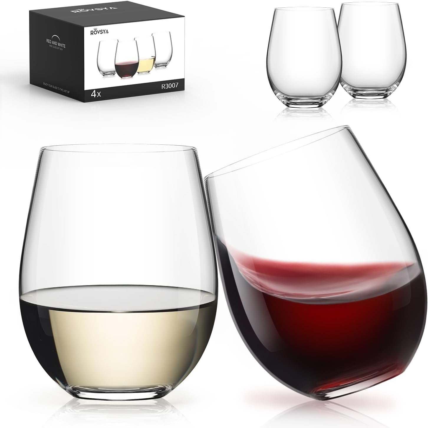 LUNA & MANTHA Stemless Wine Glasses, Crystal Red White Wine Glasses for Daily Use, Hosting, Home Bar, Evening Party, Birthdays, Shower, Housewarming Gift,Set of 4-18oz