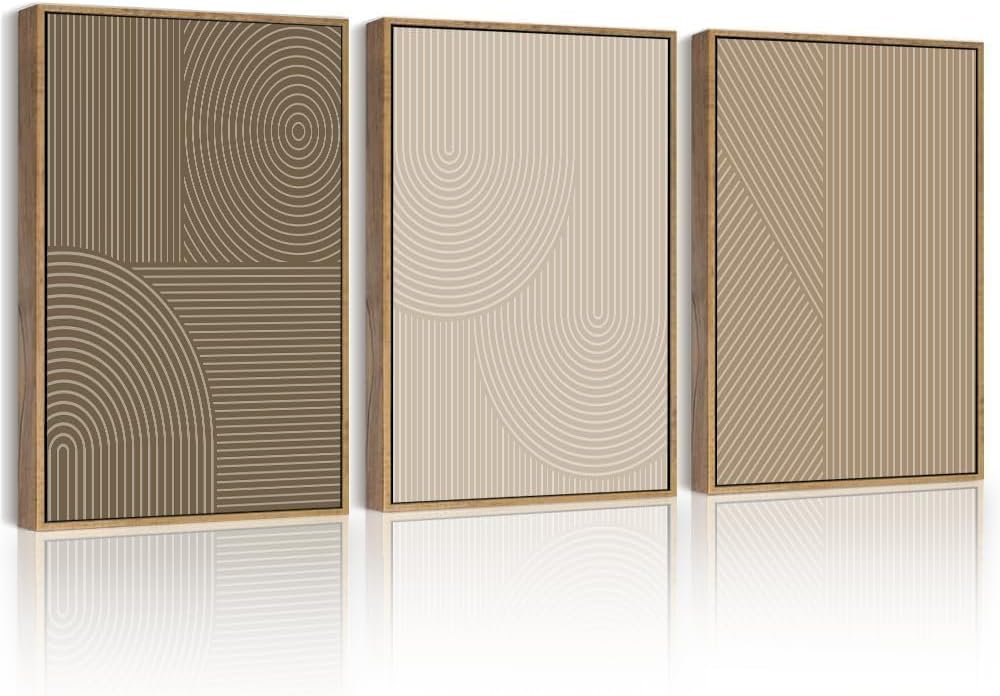 PHOPAGO Boho Mid-Century Modern Framed Wall Art Minimalist Abstract Neutral Line Wall Decor Bohemain Geometric Artwork Kitchen Dining Room – 12x16in Natural Framed