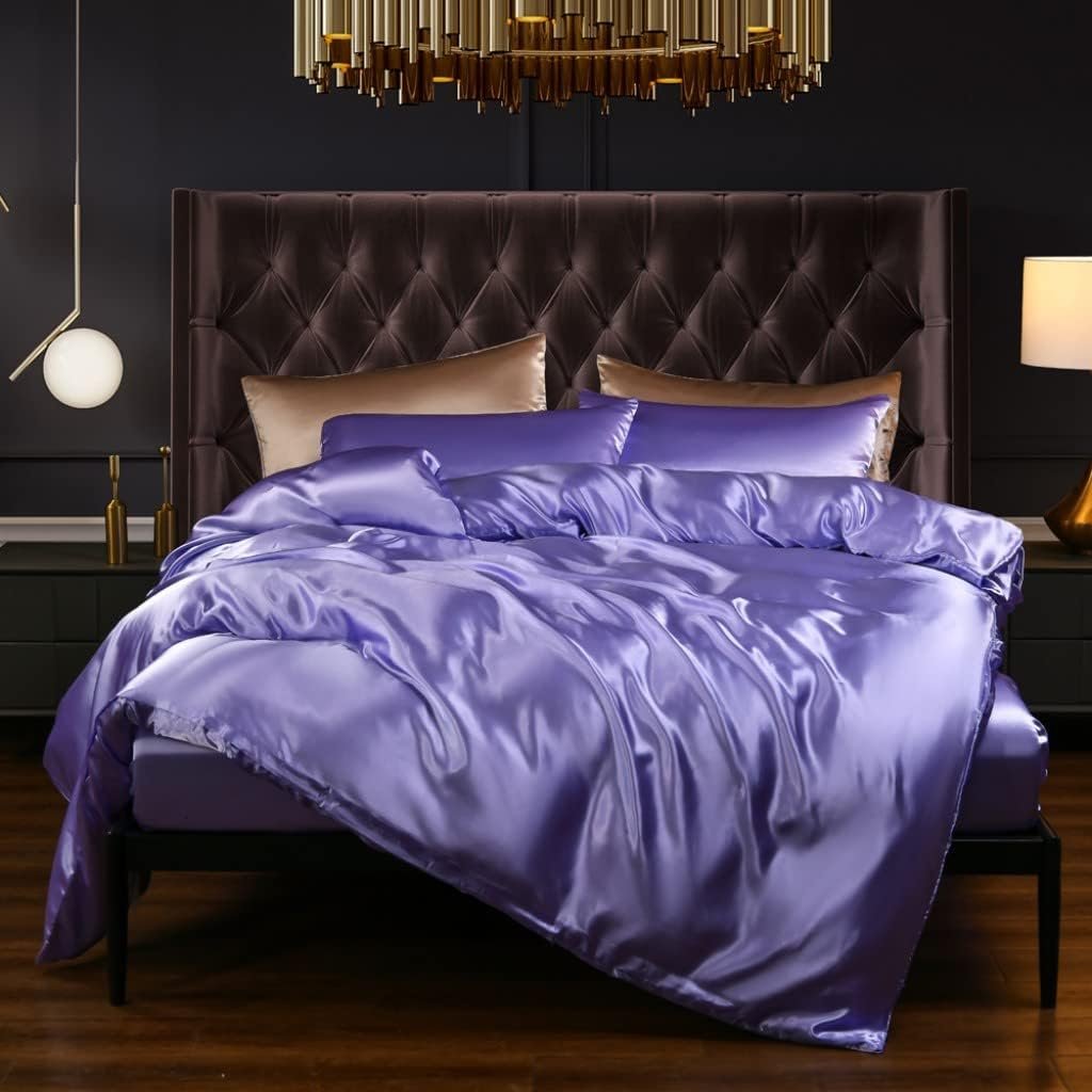 Purple Silk Like Satin Bedding Set Full Women Girls Duvet Cover Set Luxury Soft Violet Comforter Cover Adults Bedroom Decor Chic Luxurious Silky Bedspread Cover Zipper (1 Duvet Cover + 2 Pillow Case)