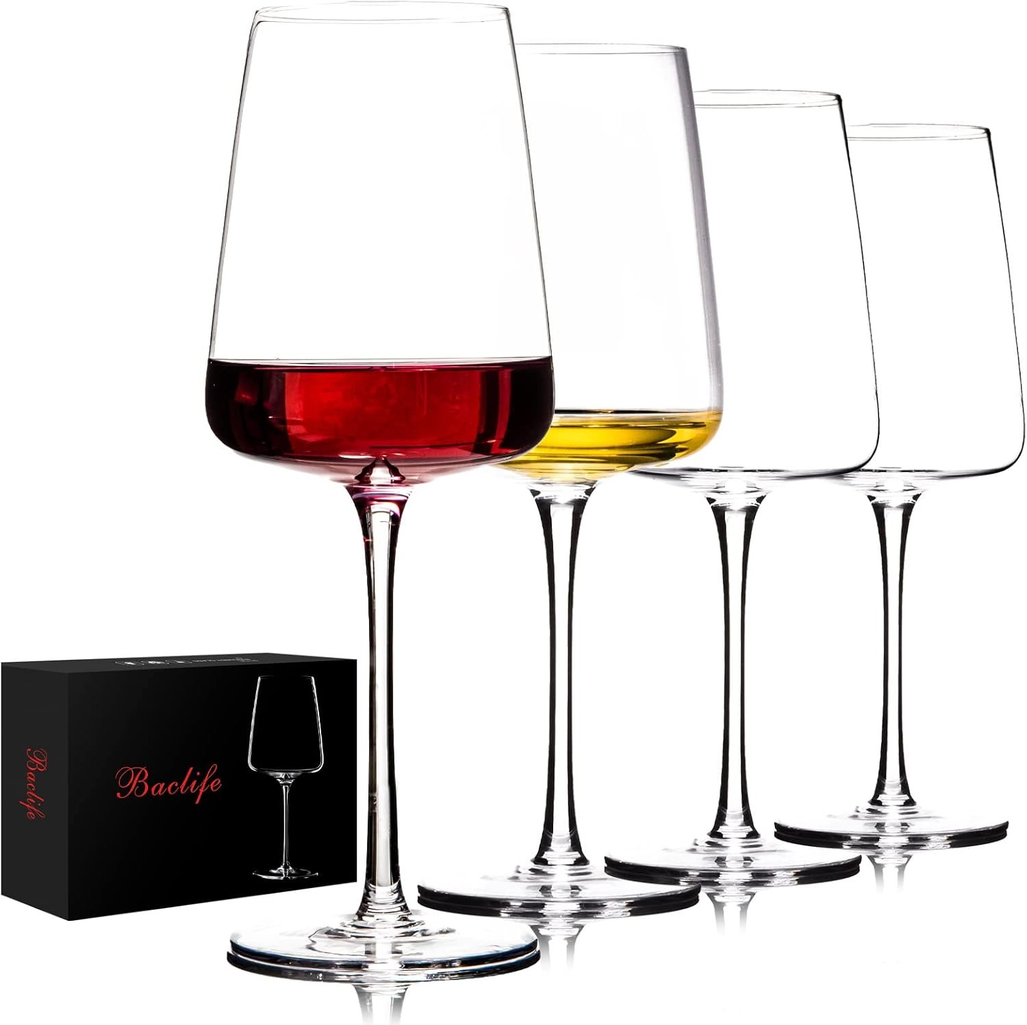 BACLIFE Hand Blown Red Wine Glasses Set of 4 – Premium Crystal Wine Glasses With Long Stem,19 oz – Unique Gift for Father’s Day, Wedding, Birthday – Ideal for Restaurants,Home Bar