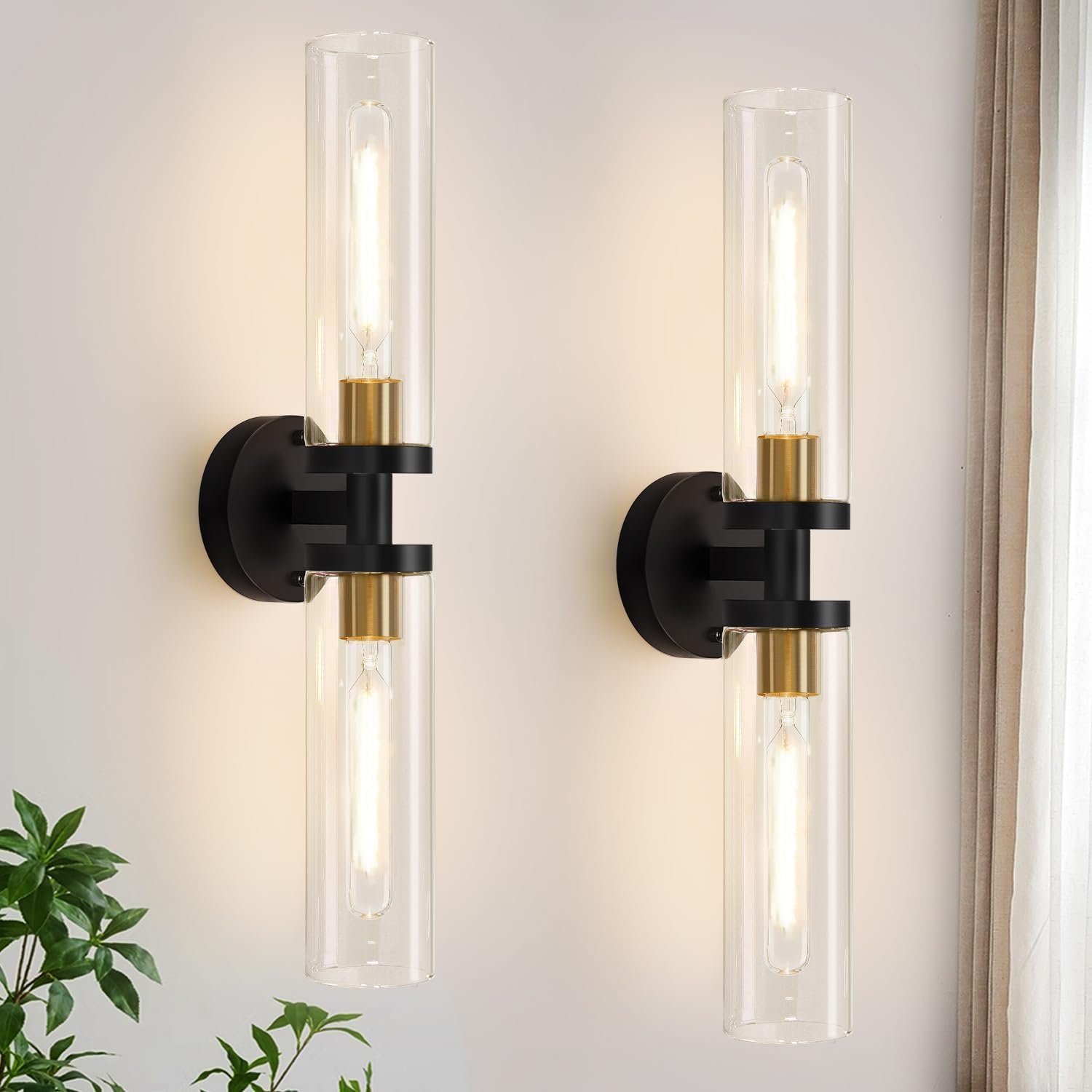 Indoi Hardwired Wall Sconces Set of Two, 22″ Black and Gold Bathroom Sconces with Clear Glass, Modern Sconces Wall Decor Set of 2 Wall Light fixtures for Bathroom Mirror Living Room Hallway Bedroom