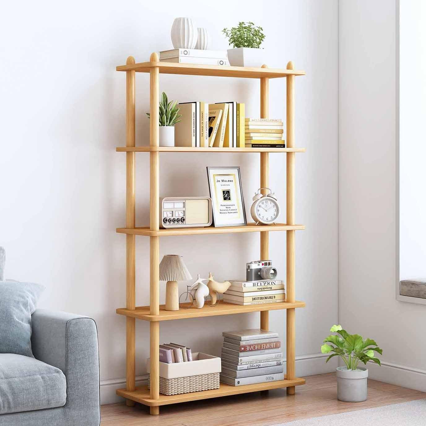 IOTXY 5-Tier Wooden Shelf Bookcase – Modern Open Bookshelf, Free Standing Storage Rack, Multifunctional Display Stand for Home and Office, Oak, Rectangle