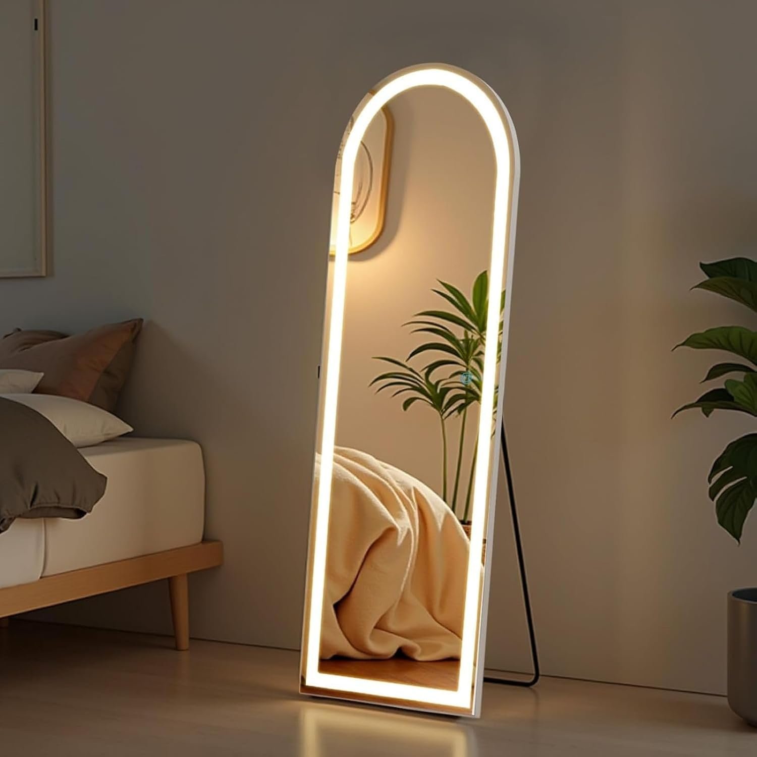 NEWBULIG Arched Full Length Mirror with Stand 21″x63″, LED Light Floor Standing with 3 Color Lighting for Bedroom Body Hanging Modern Simple Home Decor Wall Living Room Cloakroom
