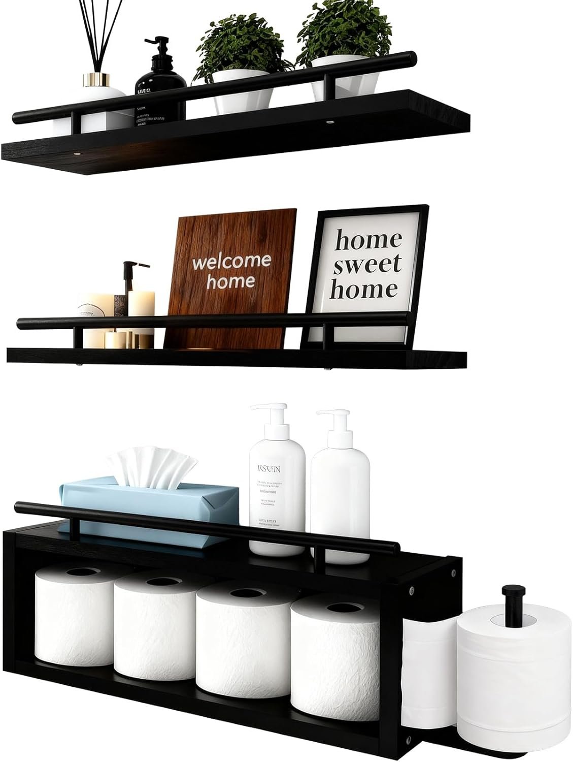 OurWarm Wood Floating Shelves for Wall Set of 3, Black Bathroom Shelves Over Toilet Organizer with Paper Towel Holder, Black Wall Shelves for Bedroom Kitchen Living Room Decor