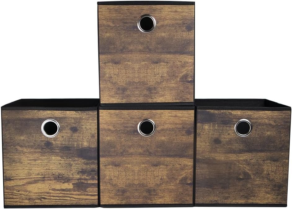 4 Pack Durable Storage Cube Bins with Wood Grain,Thickened Fabric Box,Storage Baskets for Open Shelf,Bookcase,Closet,Storeroom,Bedroom,Living Room,Nursery,Office,Dorm, 10.2×10.2x11in (Small)