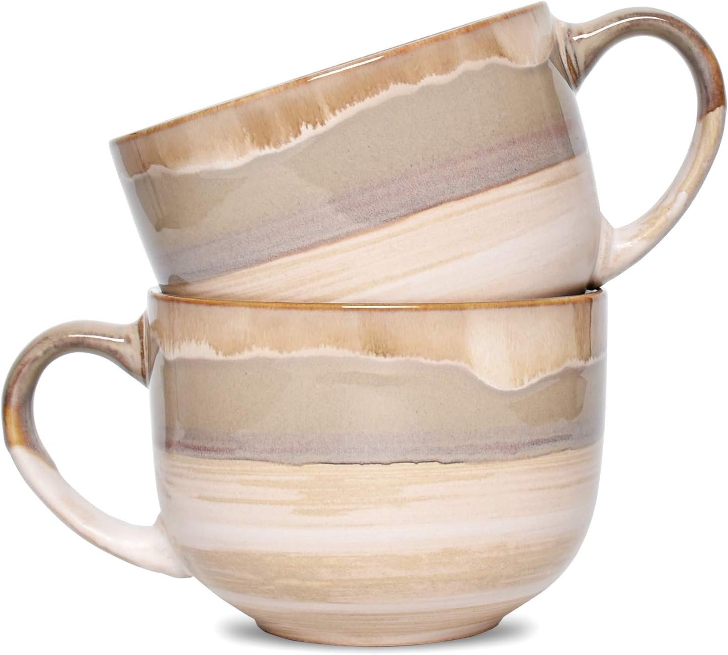 Bosmarlin Large Ceramic Coffee Mug Set of 2, Stoneware Jumbo Latte Mugs for Office and Home, 16 Oz, Dishwasher and Microwave Safe(Brown Grey, 2)