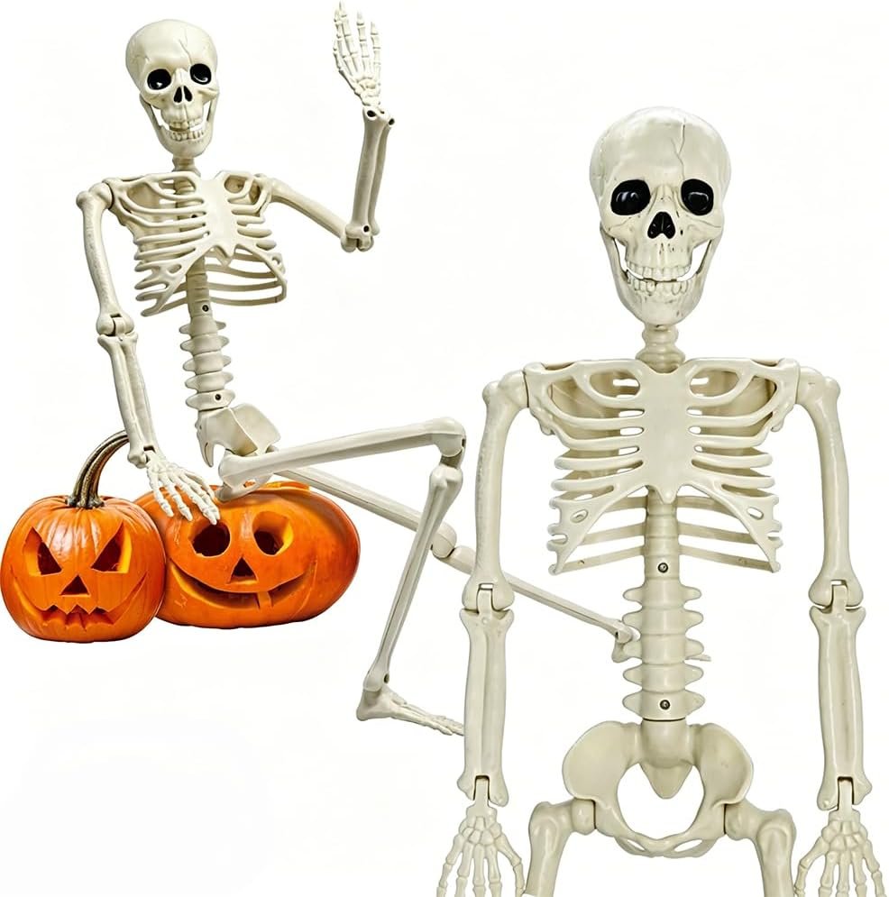 36in/3ft Life Size Posable Skeleton, Plastic Full Body with Movable Joints Skeleton for Halloween Party Prop Graveyard Haunted House Decorations
