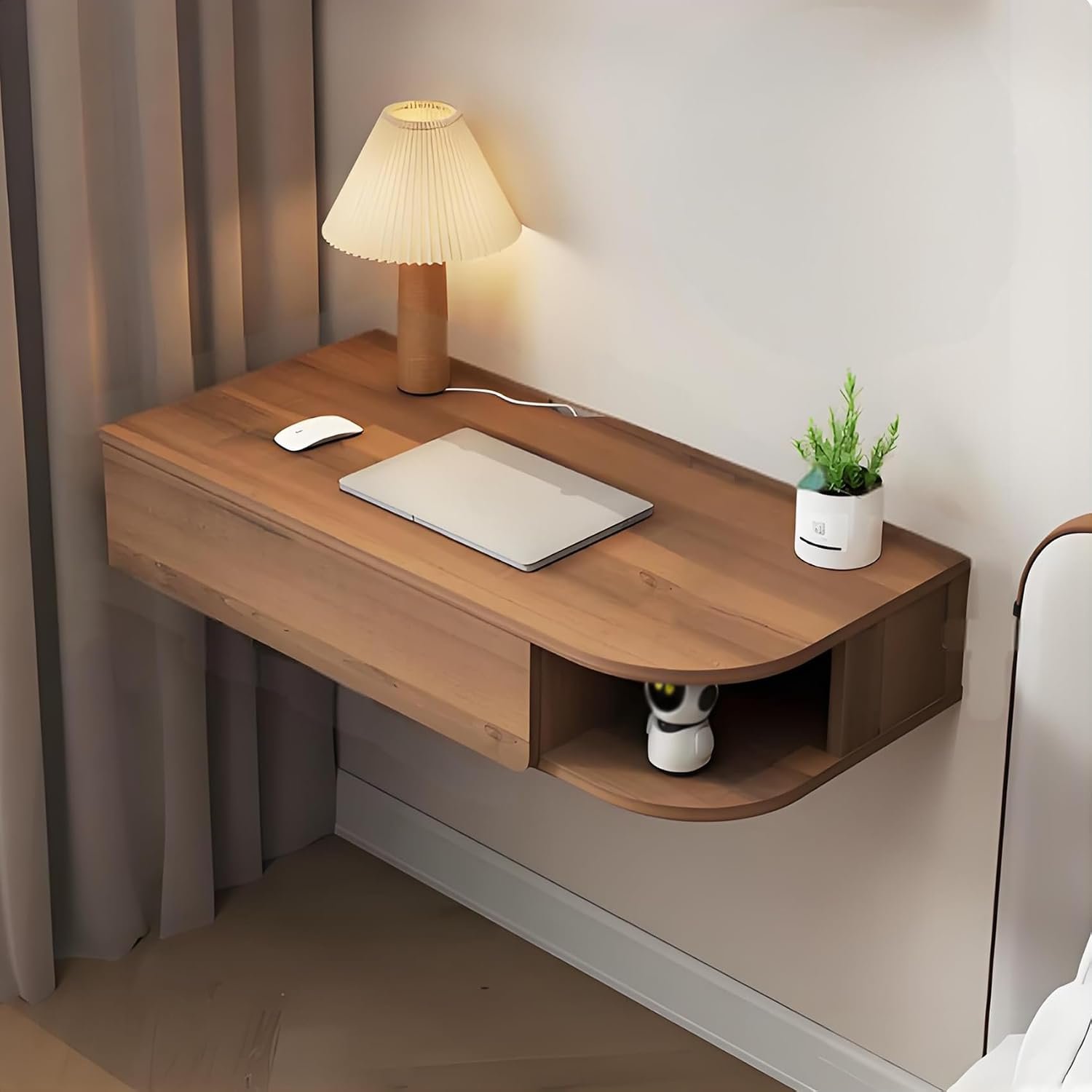 Wall Mounted Desk, Versatile Floating Desk with Drawers, Floating Nightstand with Open Storage Space, Floating Dressing Table, for Living Room, Bedroom, Home, Office (Walnut-Left, 31.5*16.14*6.42in)