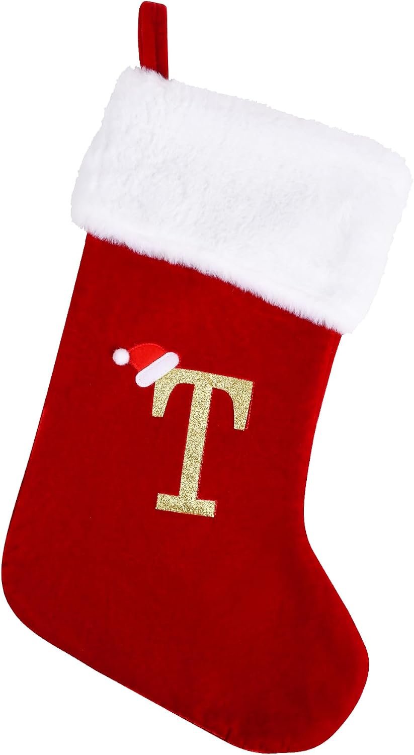 20 Inches Monogram Christmas Stockings with Letters, Large Super Soft Christmas Stockings Red Velvet with White Super Soft Plush Cuff for Christmas Xmas Tree Holiday Fireplace (T)