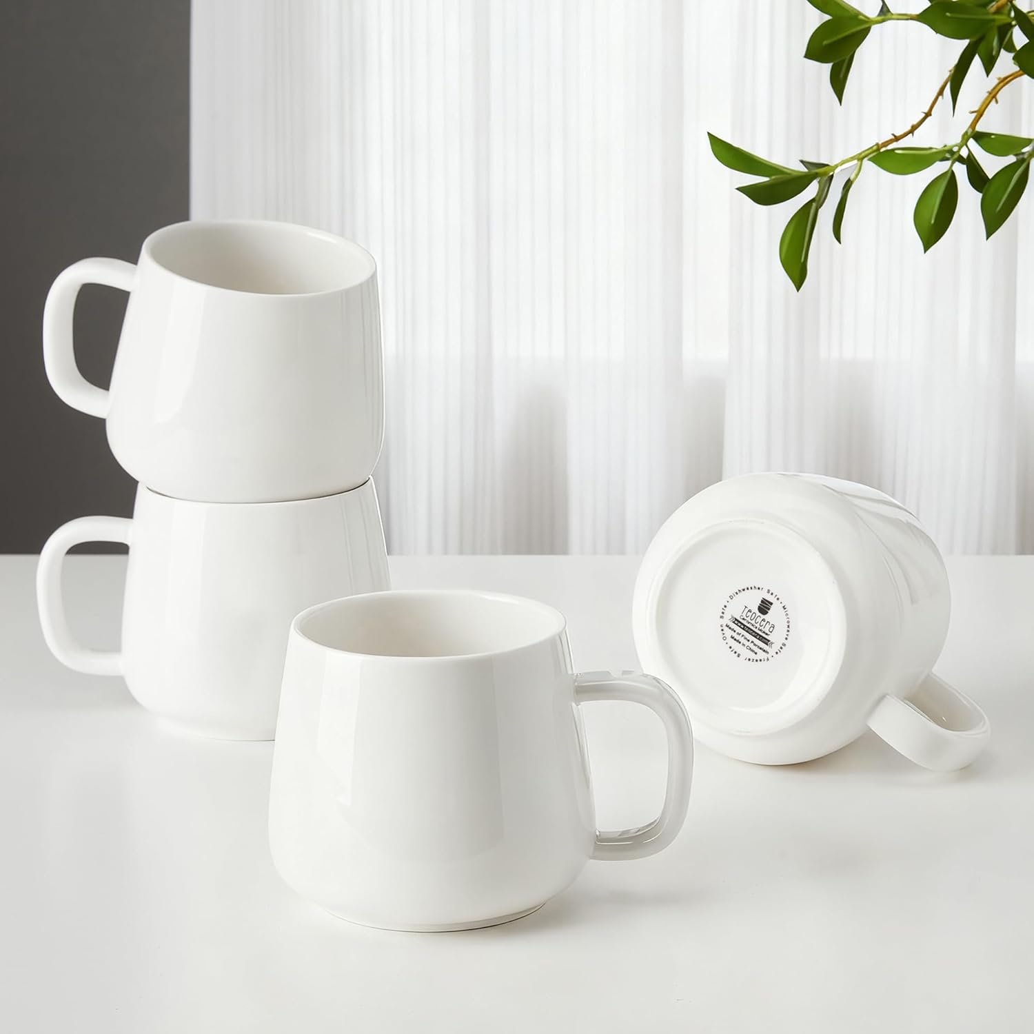 Teocera Coffee Mugs Set of 4-12oz Chip-Resistant Ceramic Cups with Ergonomic Handle | Dishwasher & Microwave Safe White Mugs | Keeps Beverage Hot, Perfect for Family Kitchen & Holiday Gifts