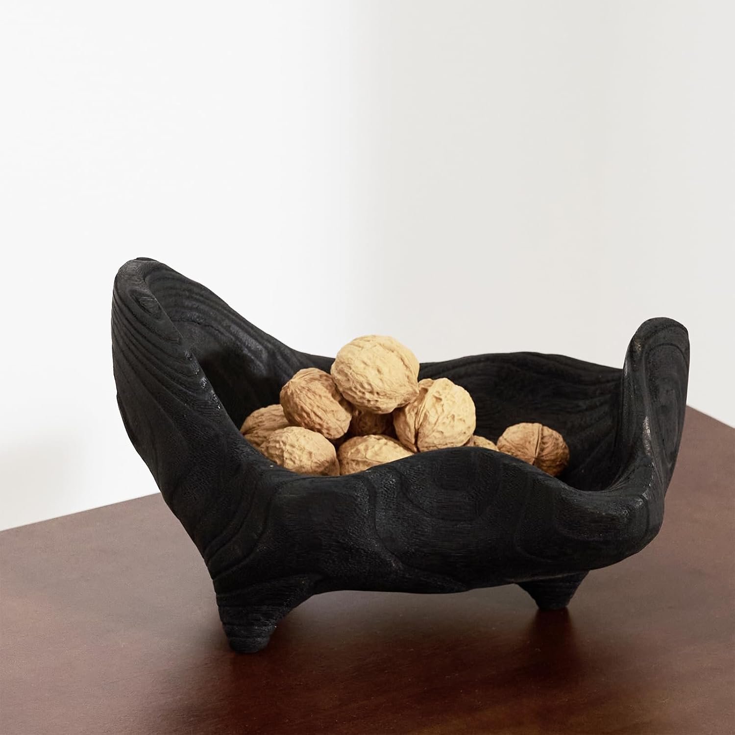 DN DECONATION Oak Wood Black Decorative Bowl-9.25×5.51 Inch Small Bowl for Entryway Key, Fruit, Candy with feet, Boho Farmhouse Home Decor for Dining Room, Coffee Table Centerpiece