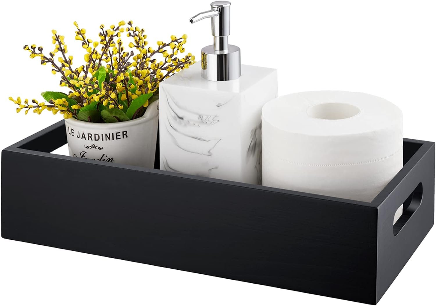 ALELION Black Bathroom Basket – Wooden Toilet Tank Paper Basket with Handle for Organizing – Back of Toilet Storage Organizer for Bathroom Tank Topper Counter – Black Bathroom Decor Box