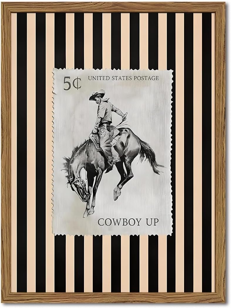 Vintage Western Wall Art, Rodeo Cowboy Horse Postage Wall Decor Mid Century Southwest With Stripes Western Canvas Prints for Living Room Bedroom Bathroom 12×16 inch Framed