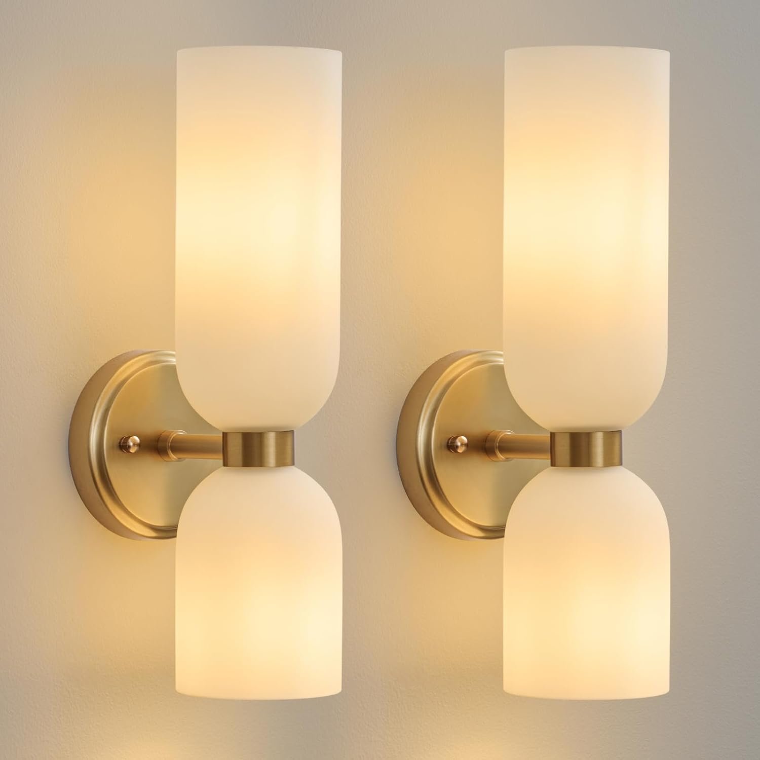 Mid Century Bathroom Wall Sconce – Set of 2 Modern Brushed Gold Brass Sconces – Frosted Milk White Glass Indoor Dimmable Lighting Fixture with Bulb – Double Vanity Lights for Bedroom Living Room Decor