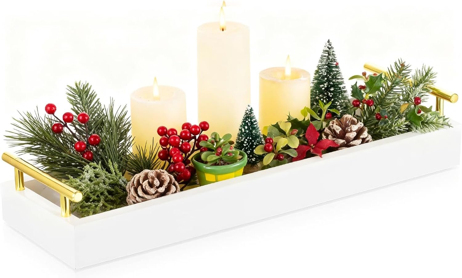 Hanobe Long Tray for Table Centerpiece: Decorative Narrow Trays Wooden Candle Holder – Centerpiece Tray with Handles for Home Decor Dining Table Coffee Bar Living Room,White