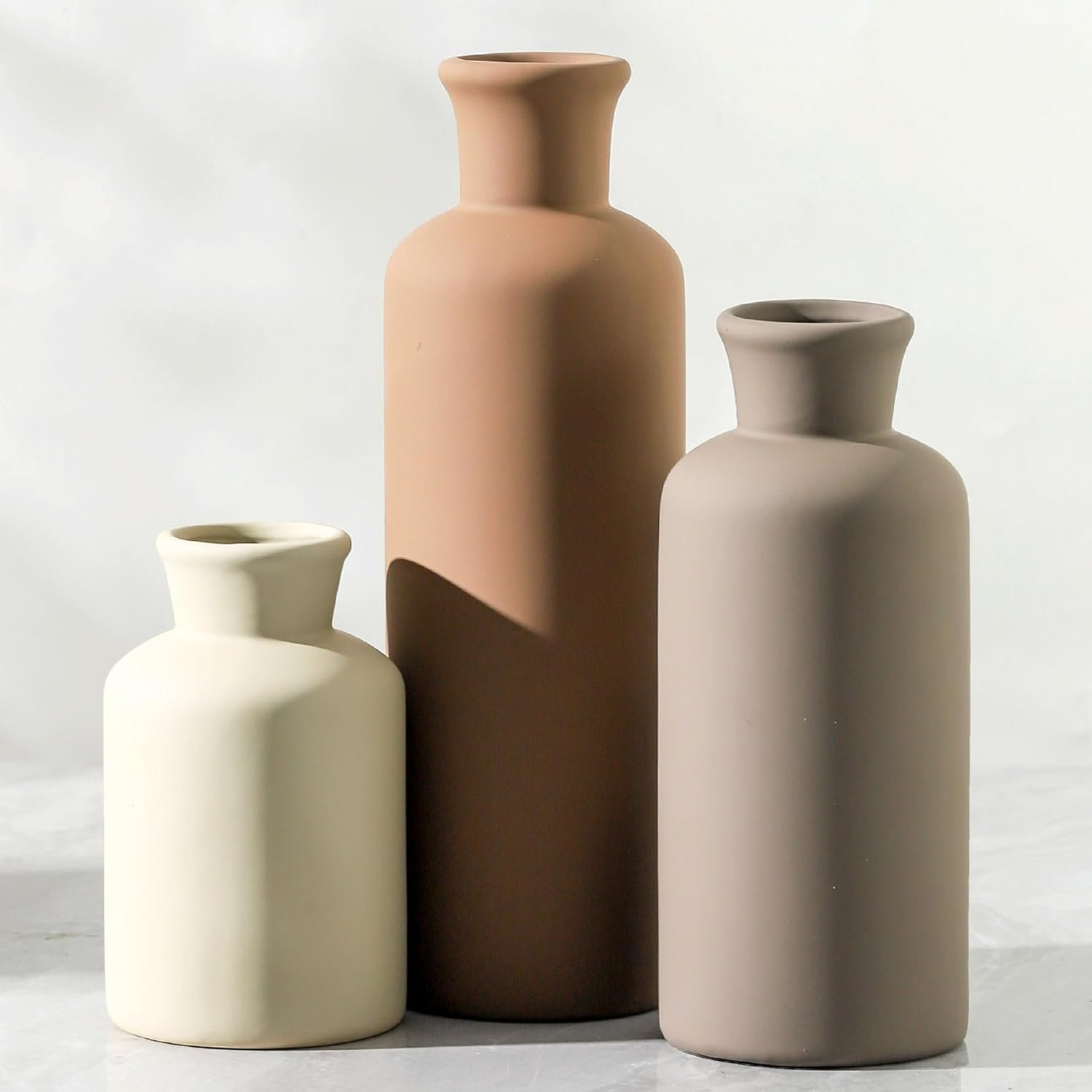 Ceramic Vase Set of 3, Flowers Neutral Modern Vases Home Decor Rustic Farmhouse Decor Pampas Vase for Table Mantel Entryway Shelf Living Room Kitchen Bathroom – Brown
