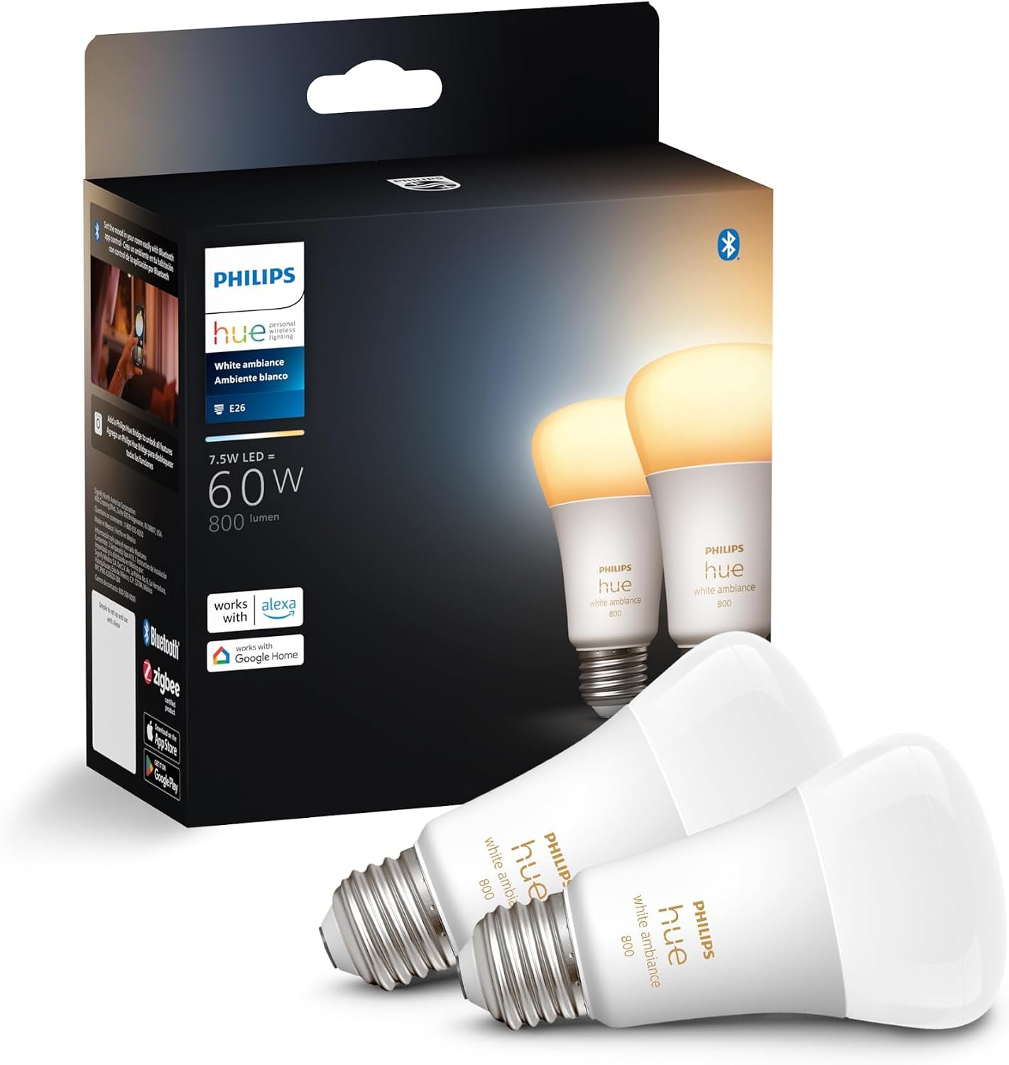 Philips Hue Smart 60W A19 LED Bulb – White Ambiance Warm-to-Cool White Light – 2 Pack – 800LM – E26 – Indoor – Control with Hue App – Works with Alexa, Google Assistant and Apple Homekit