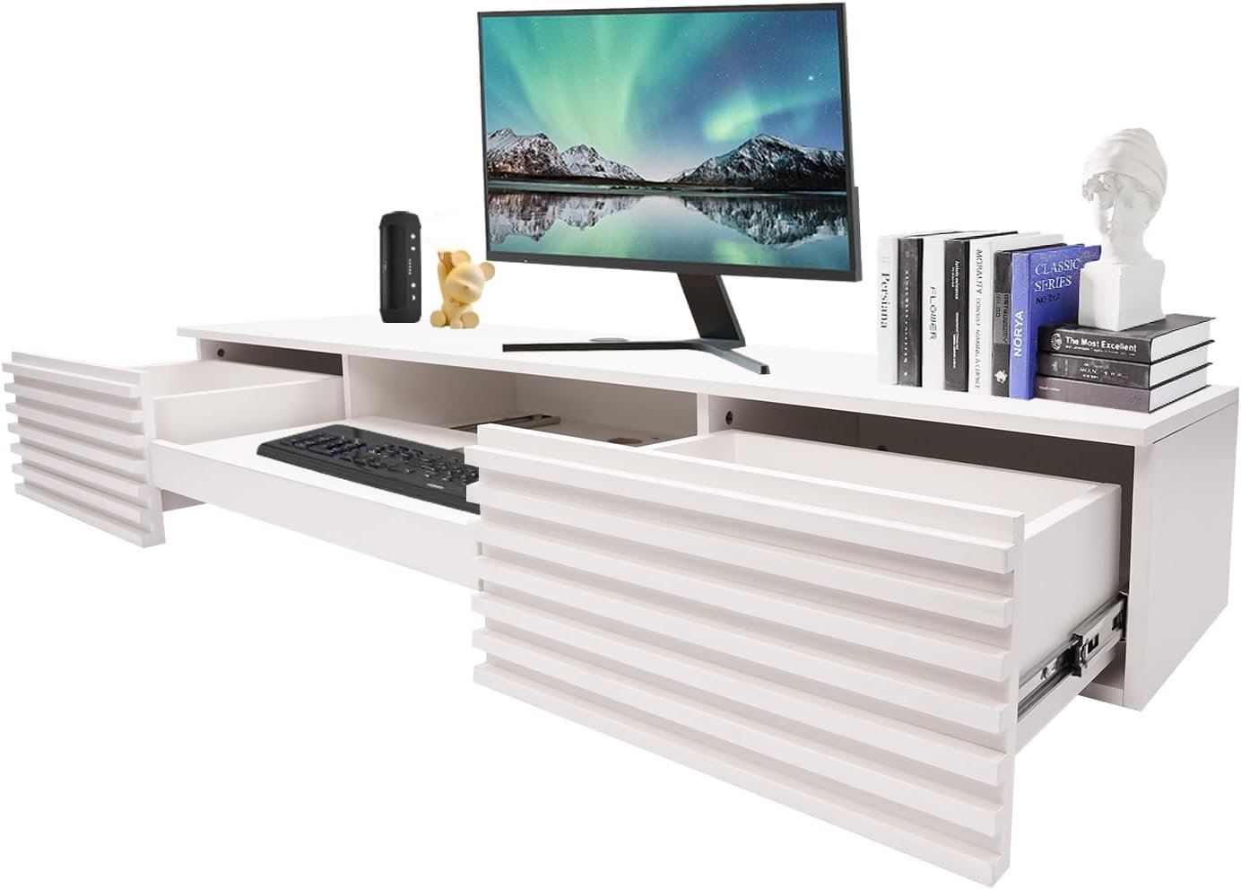 Floating Desk 60” Wall Mounted Computer Desk with 2 Drawer & Keyboard Tray Home Office Desk Workstation, Cable Hole, Laptop PC Table for Living Room, Bedroom, Office, White