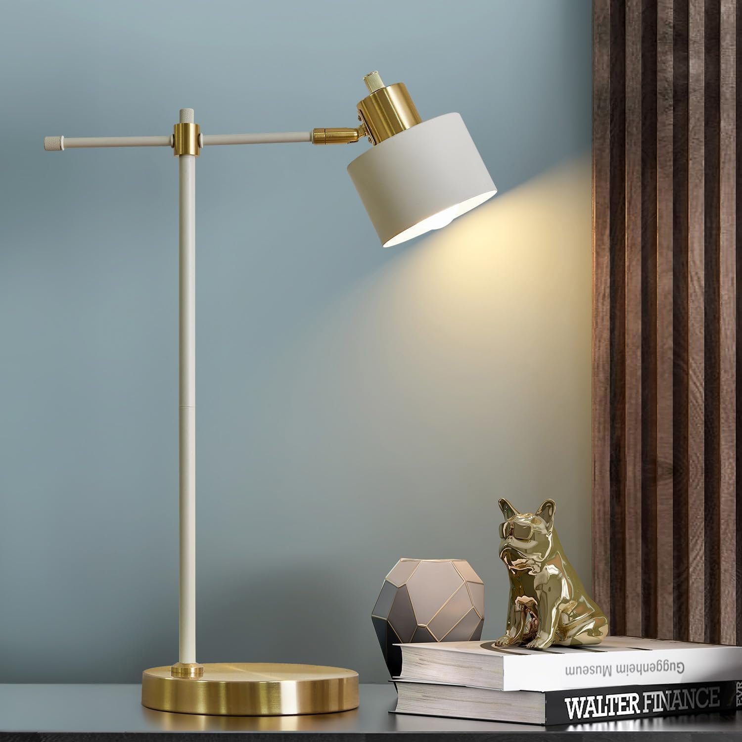 OYEARS 22.2″ Modern Desk Lamp, Metal Table Lamp with LED Bulb, Adjustable Reading Lamps for Living Room, Mid Century Task Lamp for Home Office, Industrial Bedside Lamps, Cream and Gold