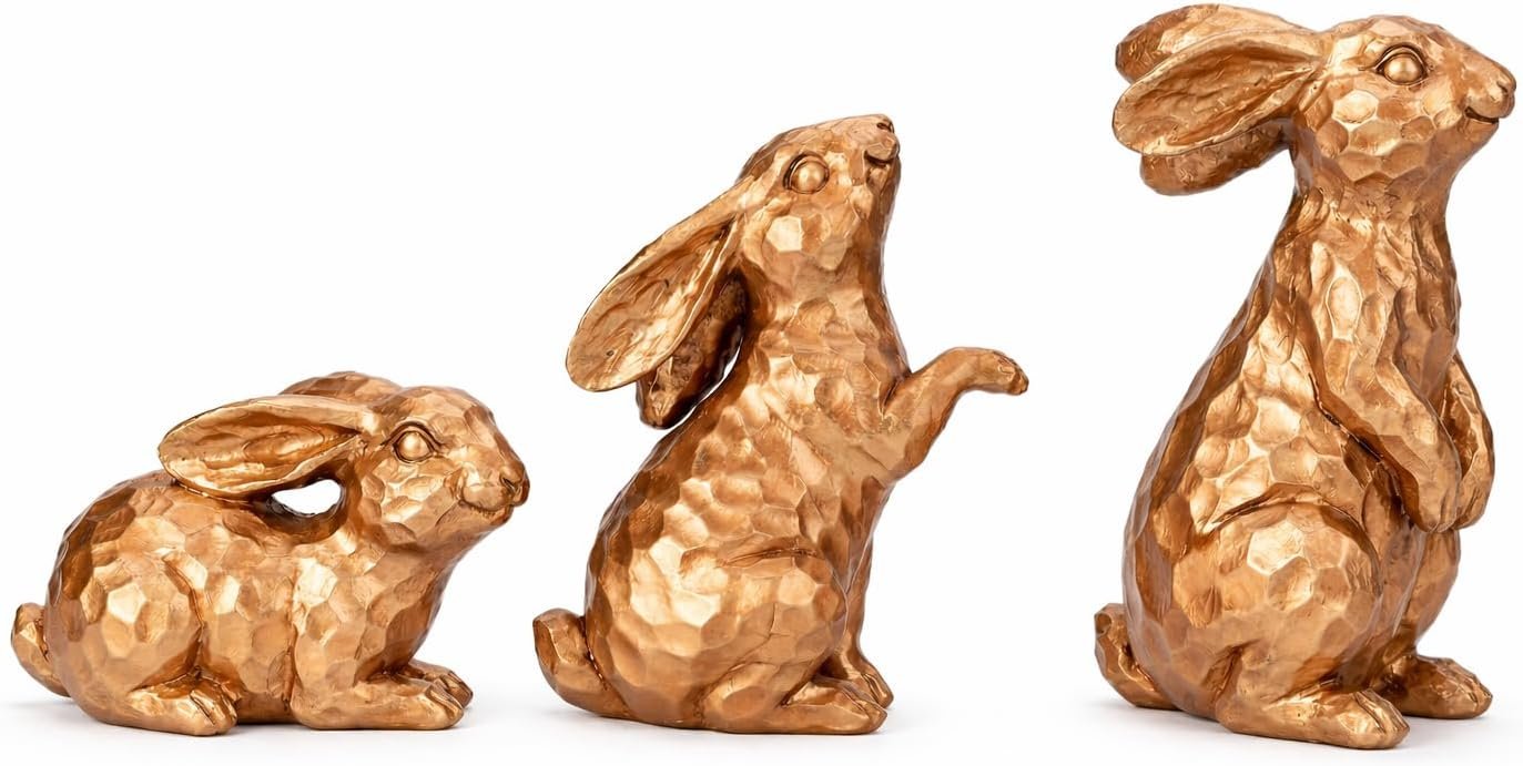 GoGnome Set of 3 Rosy Bronze Easter Decorations Resin Bunny Figurines – Easter Decorations for Home, Elegant Rabbit Decor for Table, Shelf, Mantel (Gold)