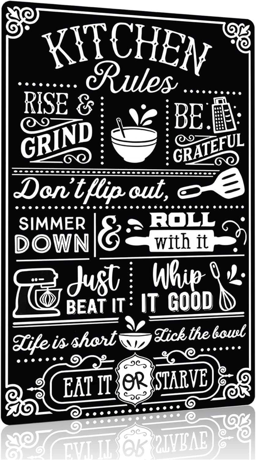 Crazysign Funny Kitchen Gifts for Women&Mom Kitchen Rules with Humorous Cooking Quotes Vintage Tin Sign for Home Farmhouse Kitchen Dining Room Decor 8×12 Inch (3367)