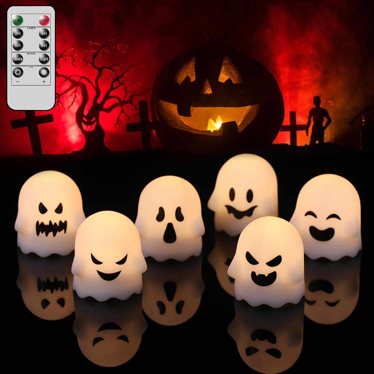 Halloween Ghost Lights Flameless Candles Battery Operated with Remote and Timer 6 Pack Spooky White LED Votive Candles Dimmable Light Halloween Indoor Decoration(2 x 2.4 Inches)