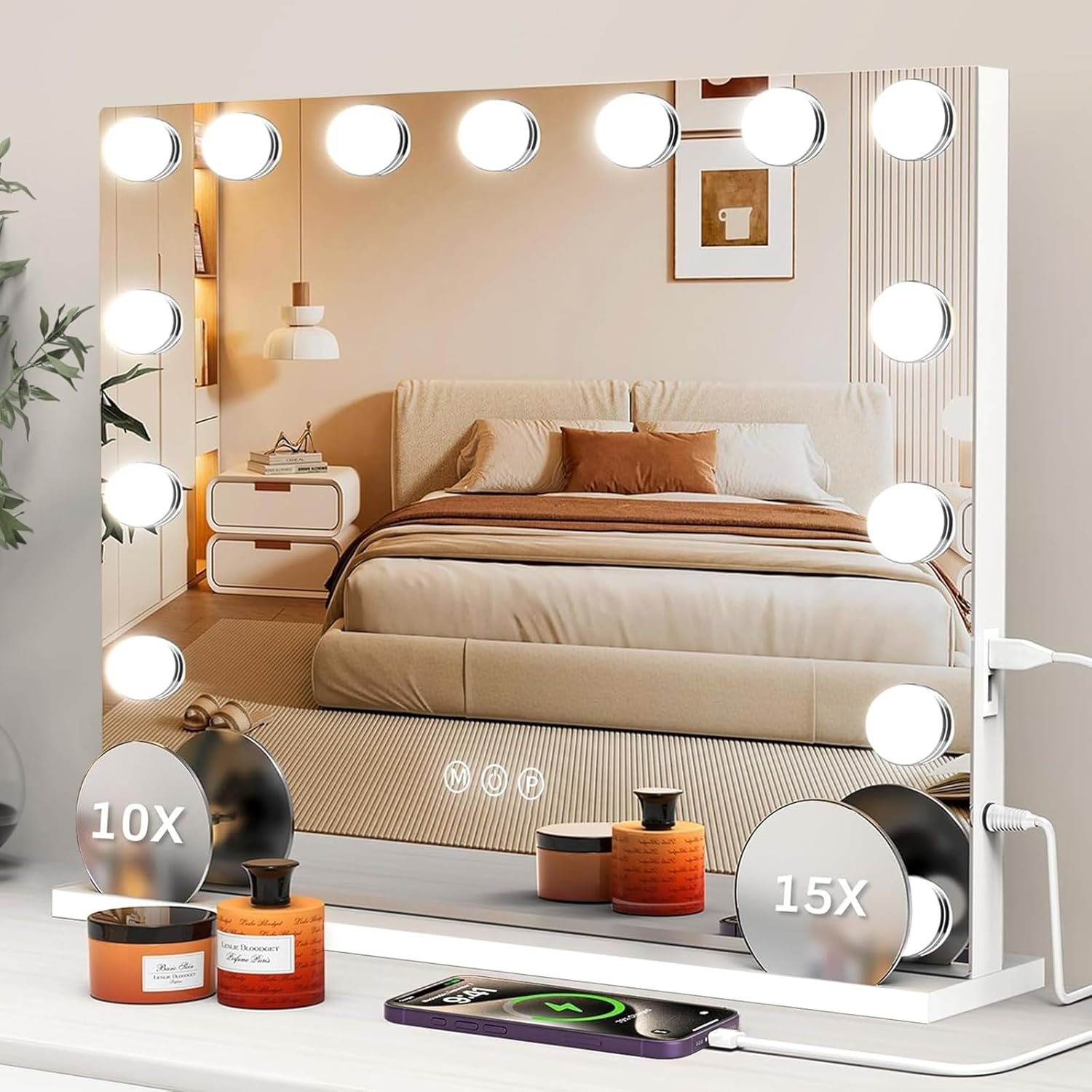 VESAUR Hollywood Vanity Mirror with 10X/15X Magnification and Lights, USB/Type-C Port Makeup Mirror with 15 Dimmable LED Bulbs, 3 Color Modes, Tabletop & Wall Mount for Bedroom, Aluminum（23″x18″）