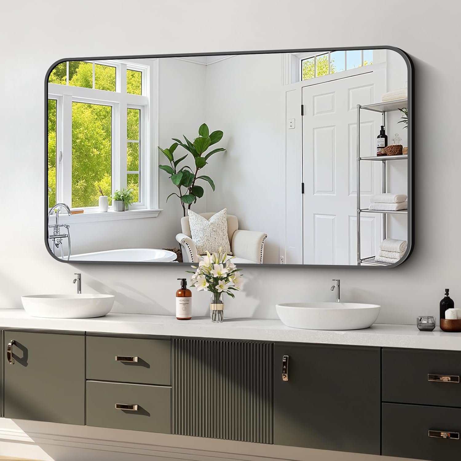 Koonmi Black Framed Bathroom Mirror – 30×55 Inch Shatterproof Tempered Glass Vanity Mirror for Bathroom Sink, Wall Mounted with Matte Aluminum Alloy Frame, No Distortion, Modern Decor