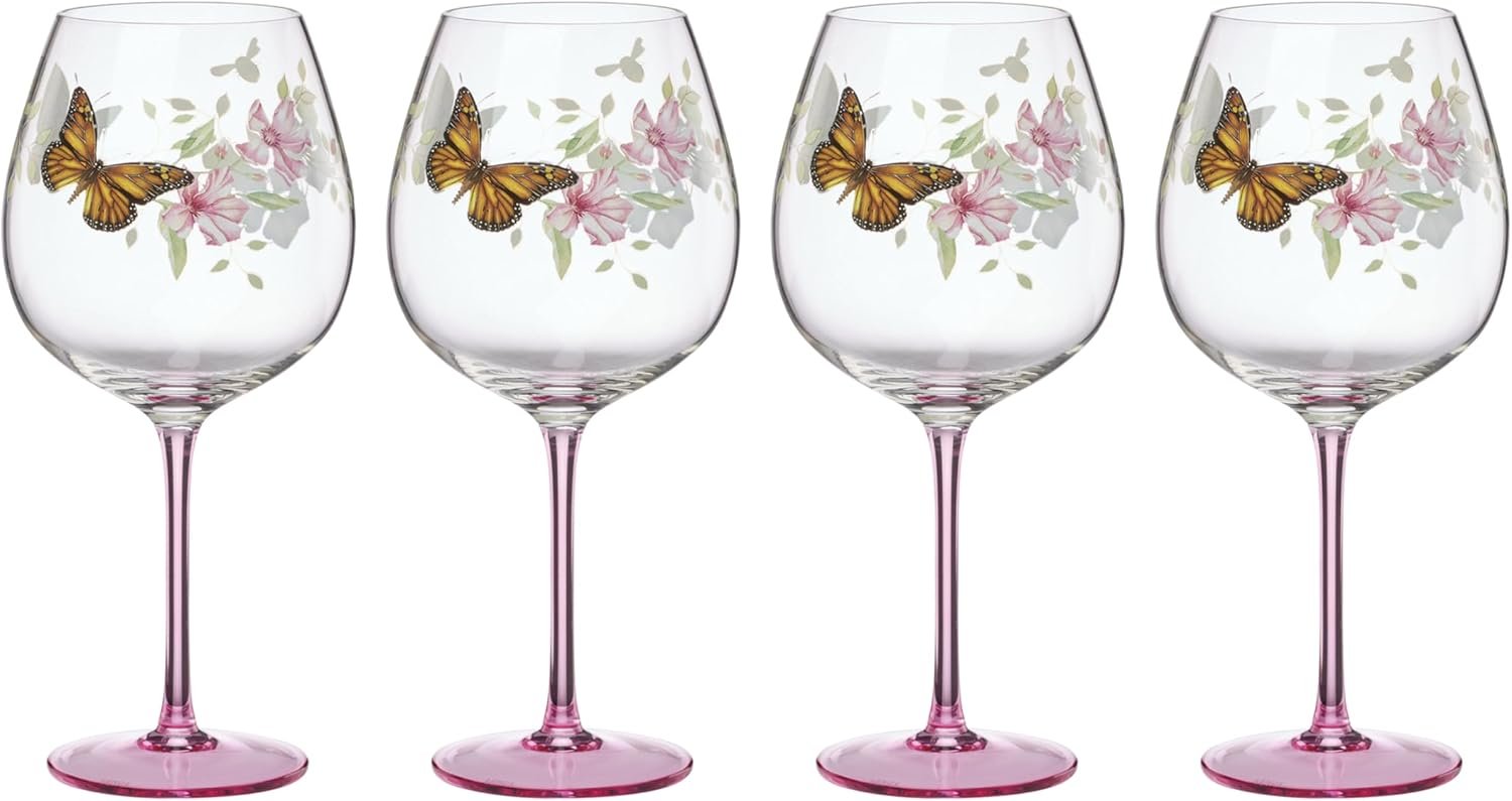 Lenox Glassware, Butterfly Meadow Pink Balloon Wine Glasses, Set of 4, Made From Glass, Dishwasher Safe, Drinking Glasses Set, Home, Kitchen And Dining, Glass Cups (Pink, 4 Pieces, 26 oz Capacity)