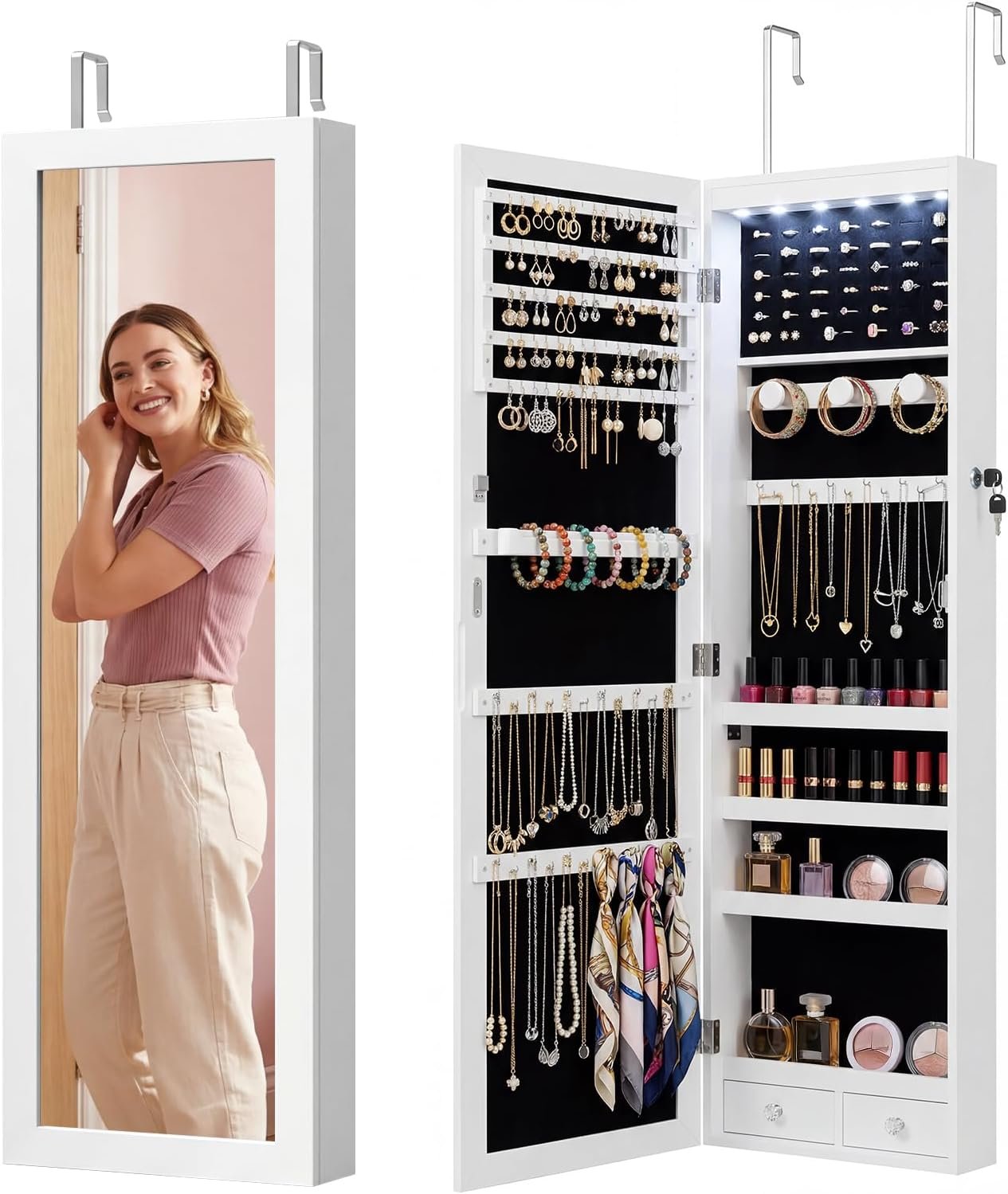 Antok 6 LEDs Jewelry Cabinet with Lock, 48″ Full Length Mirror Wall Mounted or Over The Door Jewelry Organizer, Large Capacity Storage for Bedroom&Cloakroom&Entryway, Gift for Women, White